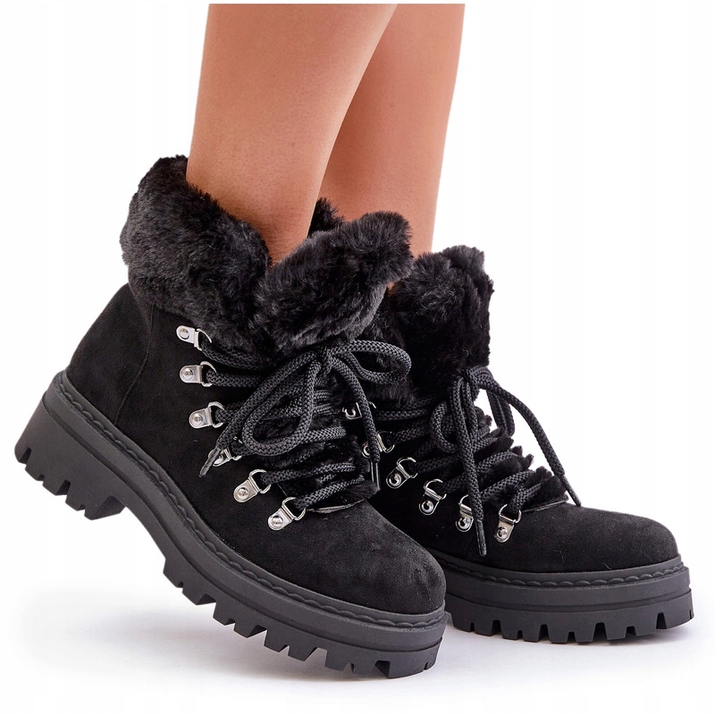 Dámské Šněrovací Trapery S Eko Semišovou Kožešinou, Černé, Velikost 37