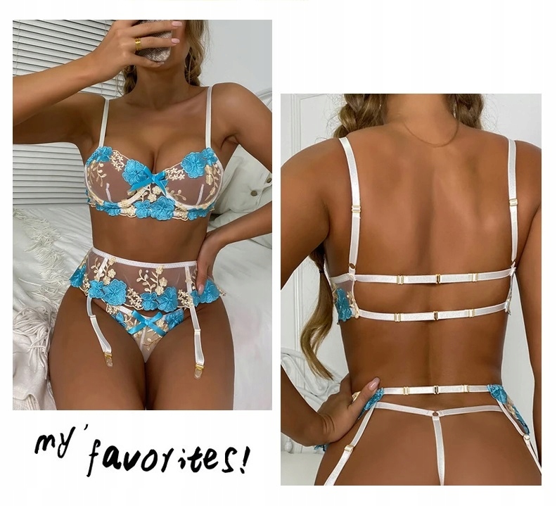 SEKSOWNA BIELIZNA EROTYCZNA ZMYSŁOWA DAMSKA KORONKOWA KOMPLET Rozmiar S Kolor niebieski