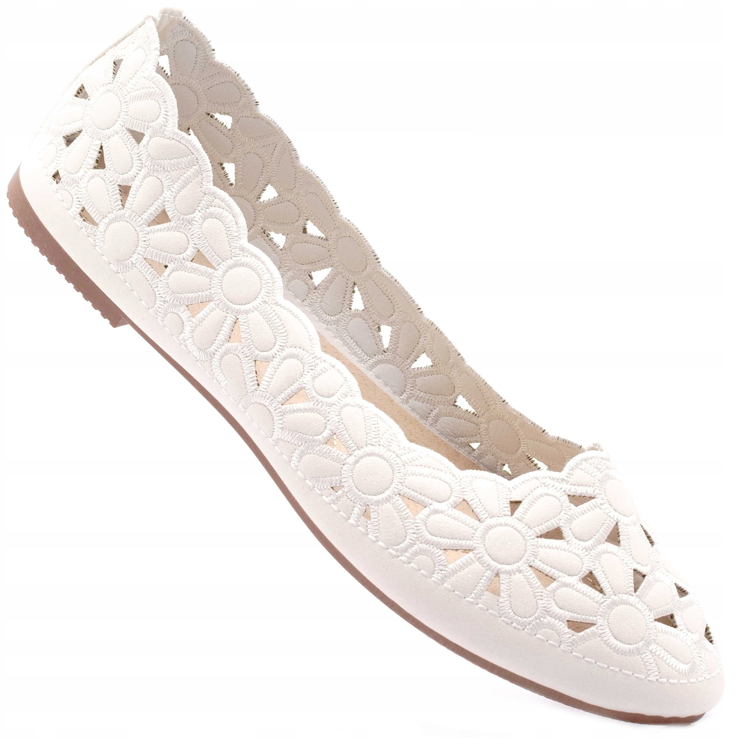 BALERINY DAMSKIE KWIATUSZKI BIAŁE Z POŁYSKIEM 36