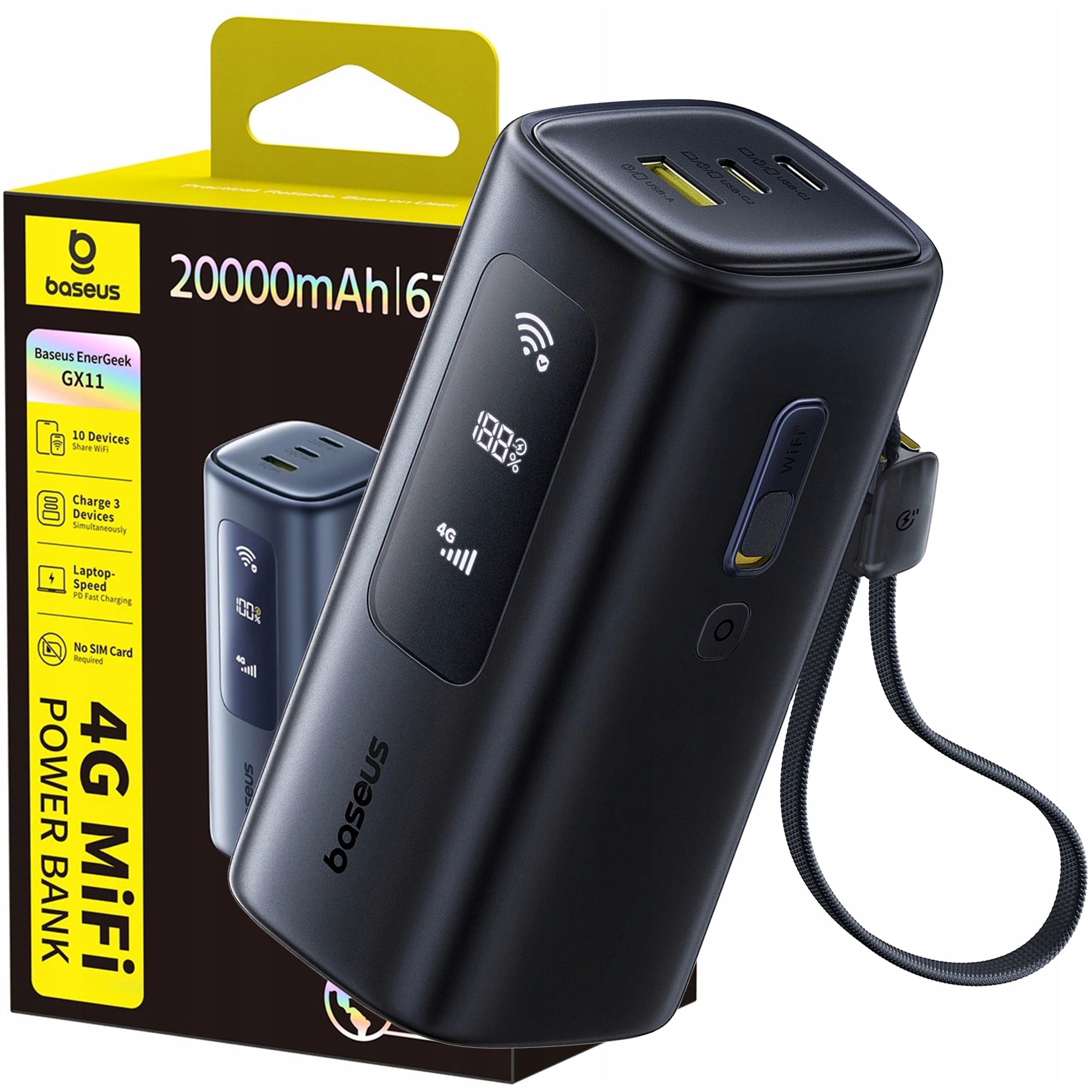 Powerbanka Baseus 20000 Mah 67W Usb-c Usb-a Wifi Mifi Router Až Pro 10 Zařízení