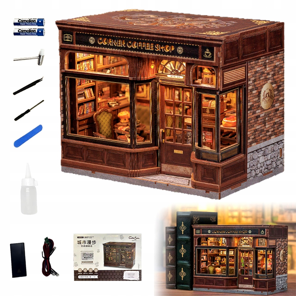 Book nook Diy Corner Coffee Shop Miniaturowy domek Led 294 el