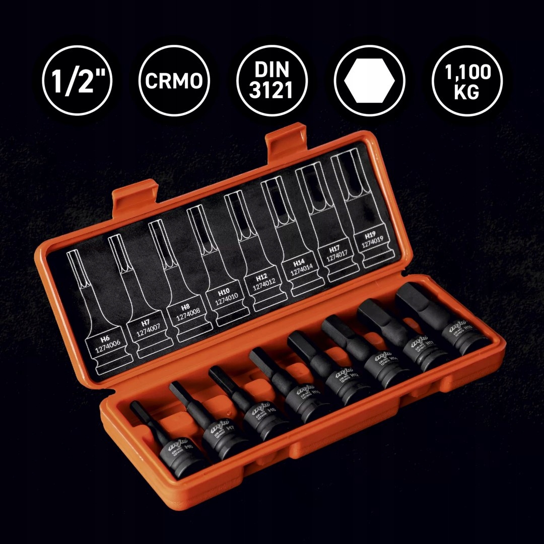 ZESTAW NASADEK TRZPIENIOWYCH UDAROWYCH 1/2" HEX DŁUGICH