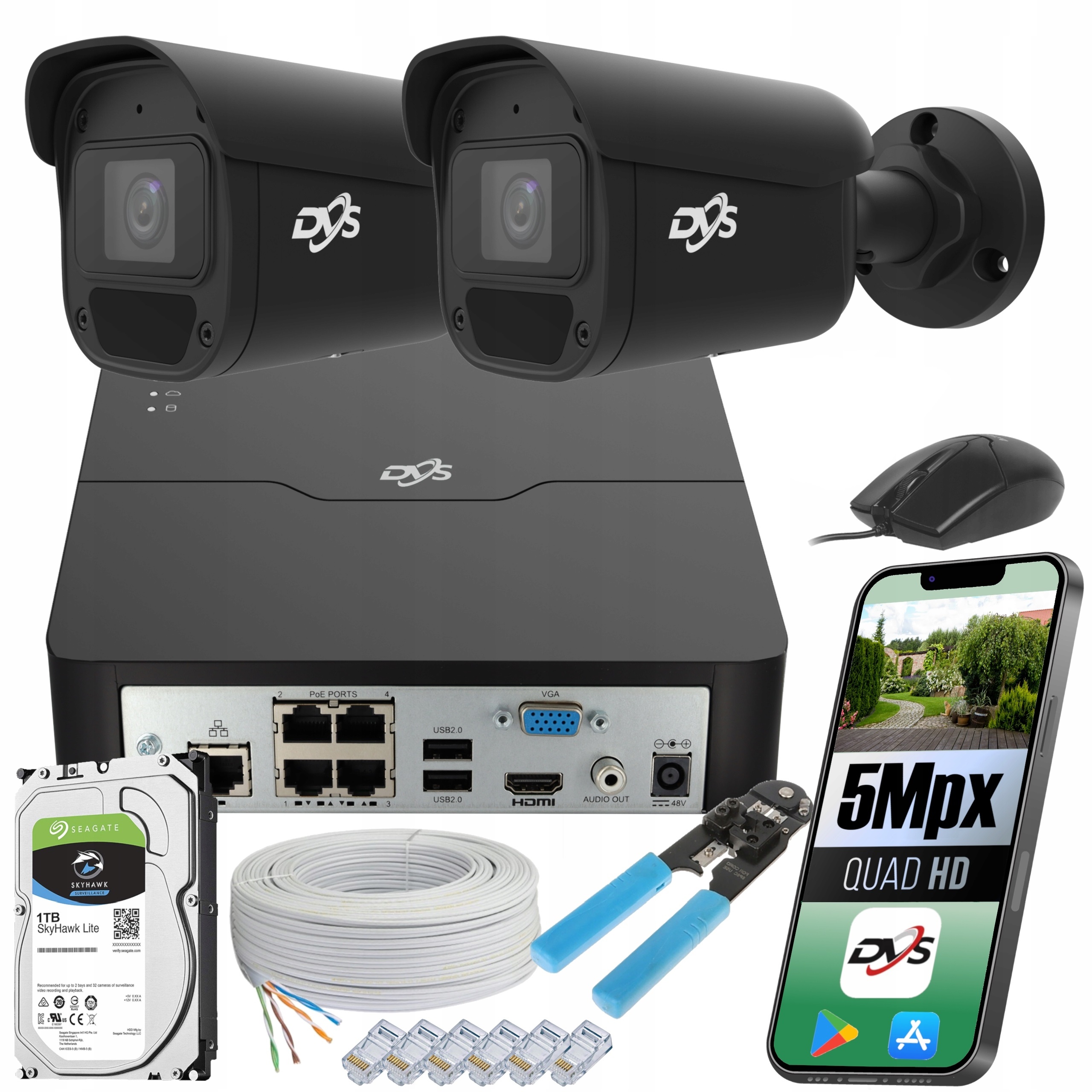 Ip PoE Monitorovací Sada 2 Venkovní Kamery 5 Mpx Černé Dálkové Ovládání