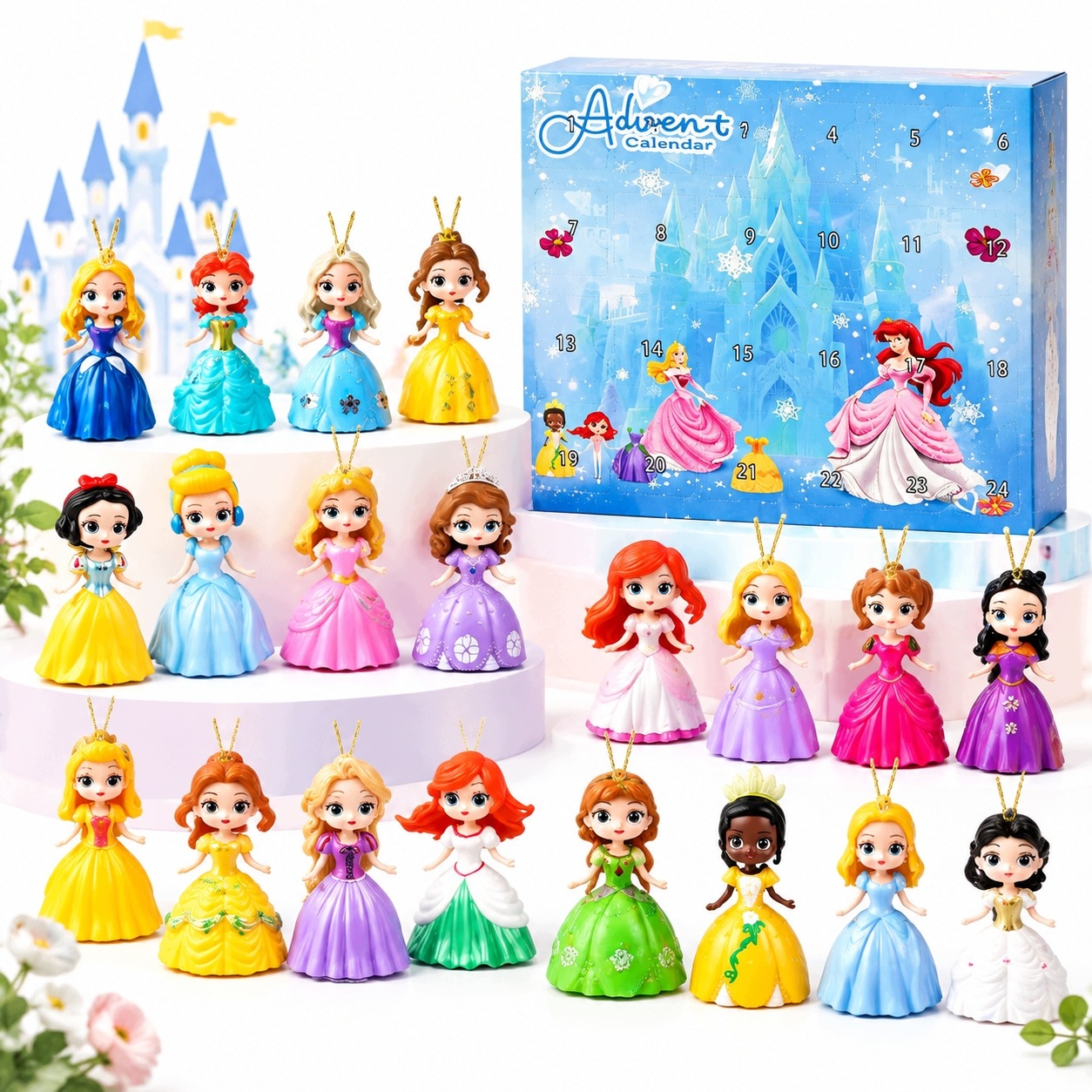 Адвент-календарь Disney Princess Замок, 24 акриловые подвески-принцессы на ёлку