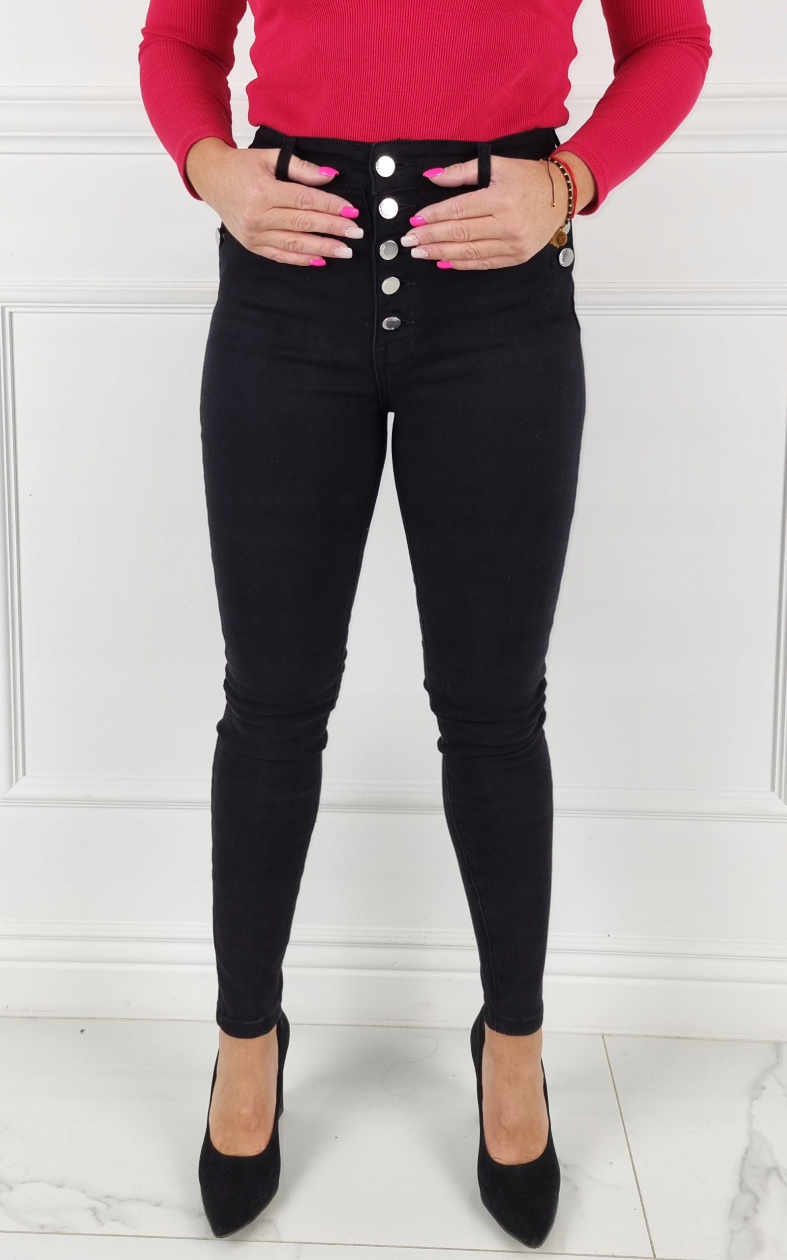 MŁODZIEŻOWE SPODNIE JEANSOWE DOPASOWANE MODELUJĄCE GUZIKI Marka bez marki