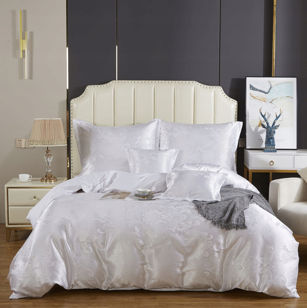 Posteľná Bielizeň atlasová vyšívaná 160x200 exkluzívna biela ornamentová AT004