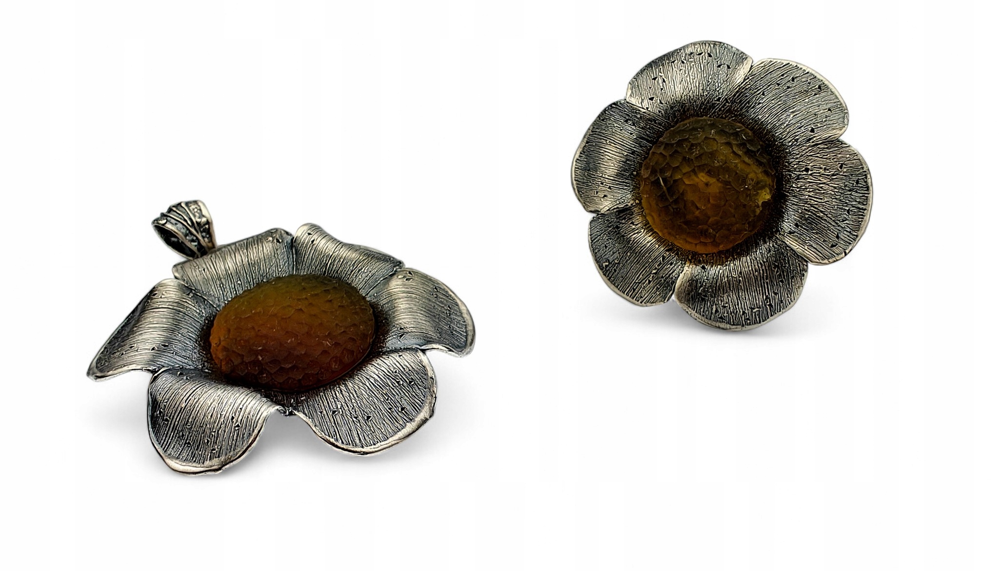 Unikátní Komplet Přívěsek Květinový Prsten Stříbro Ručně Frézovaný Jantar