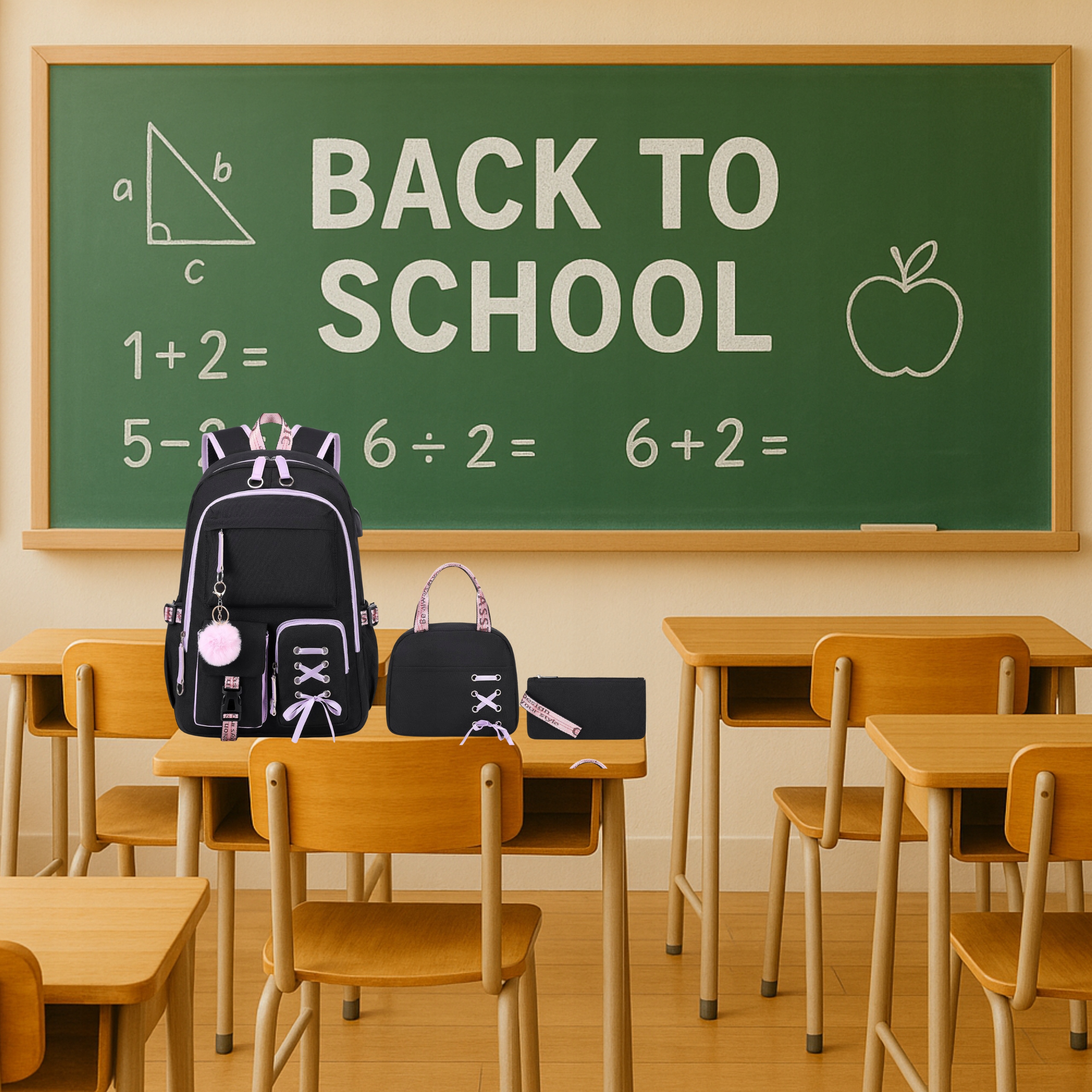 PLECAK SZKOLNY MŁODZIEŻOWY TORNISTER PIÓRNIK LUNCHBOX ŚNIADANIÓWKA S CZARNY Wysokość produktu 45 cm