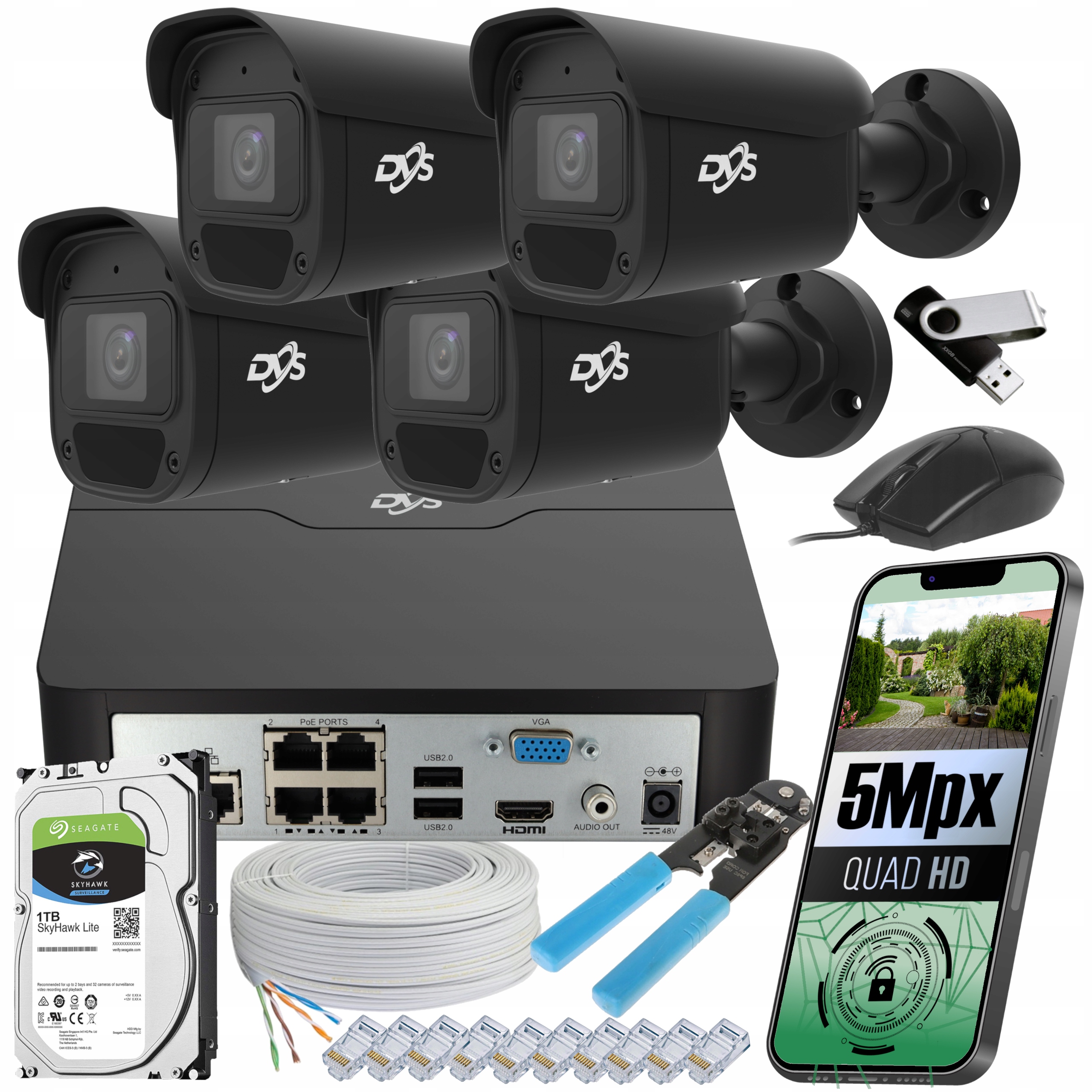 Venkovní Ip Monitorování 4 Kamery 5MPX Černá Kovová Aplikace Komplet