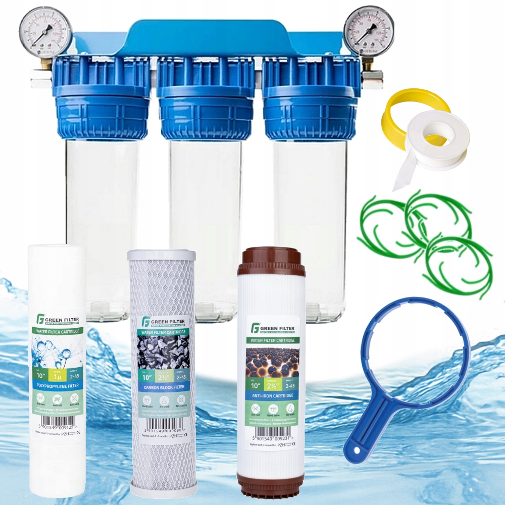Trojstupňový systém pre celý dom 1/2" manometre 3x filtre Green Filter