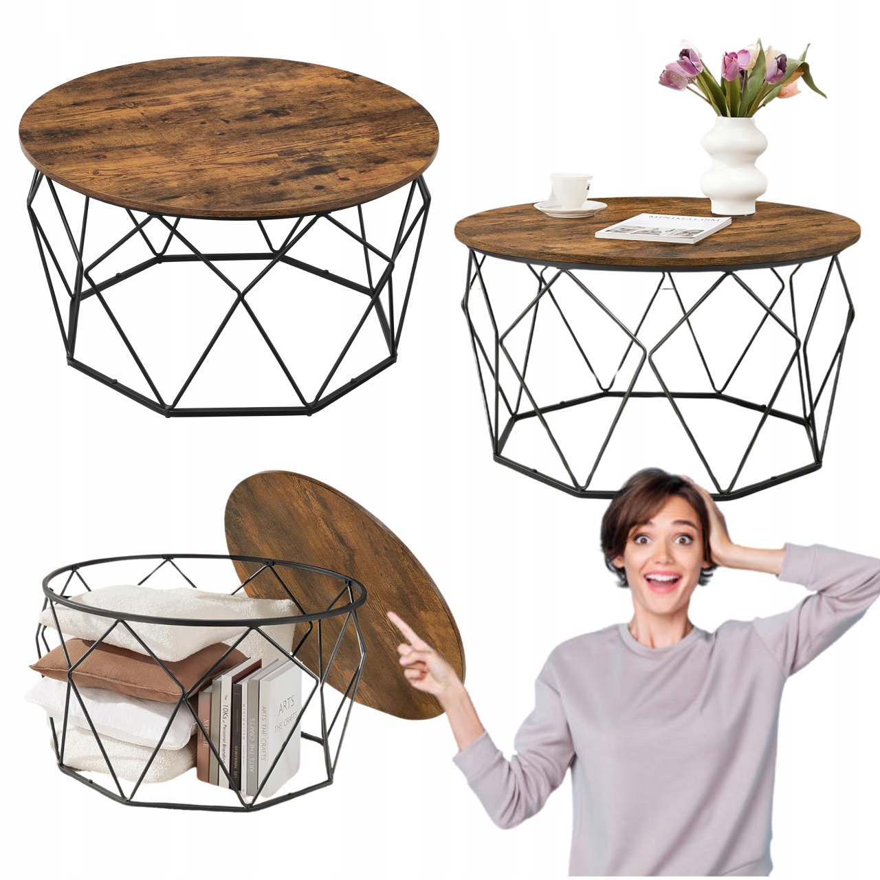 Lavica Konferenčný Stolík Hexagon s úložným priestorom Kovový drôtený kôš s vekom