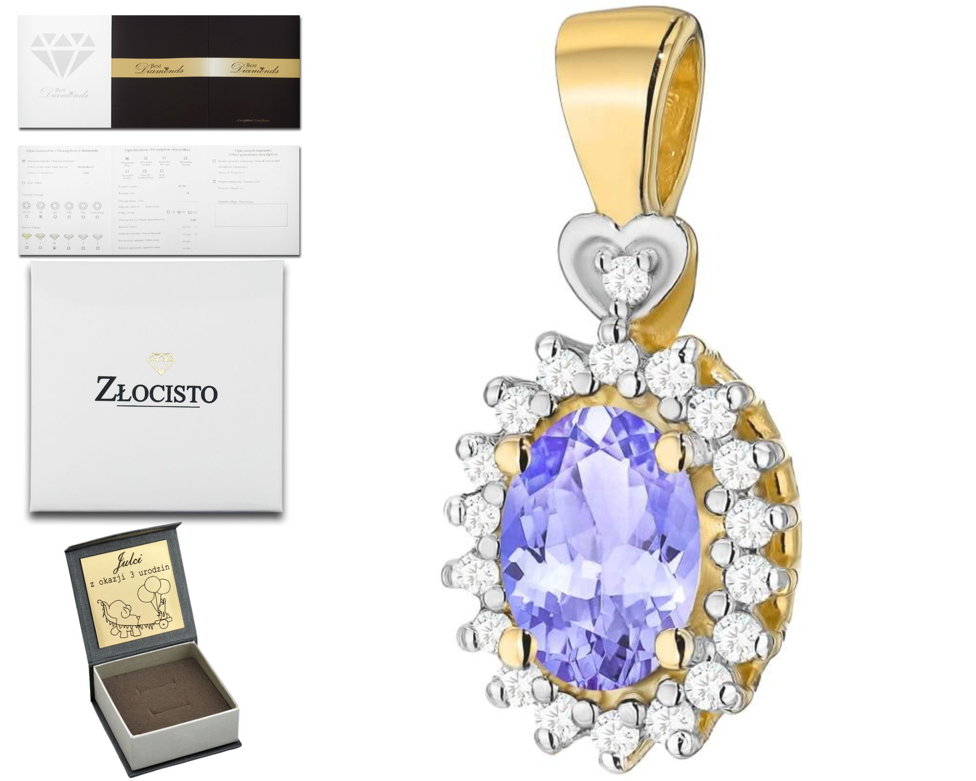 Zlatý Přívěsek S Briliantem A Fialovým Tanzanitem 585 Dárek Gravírování