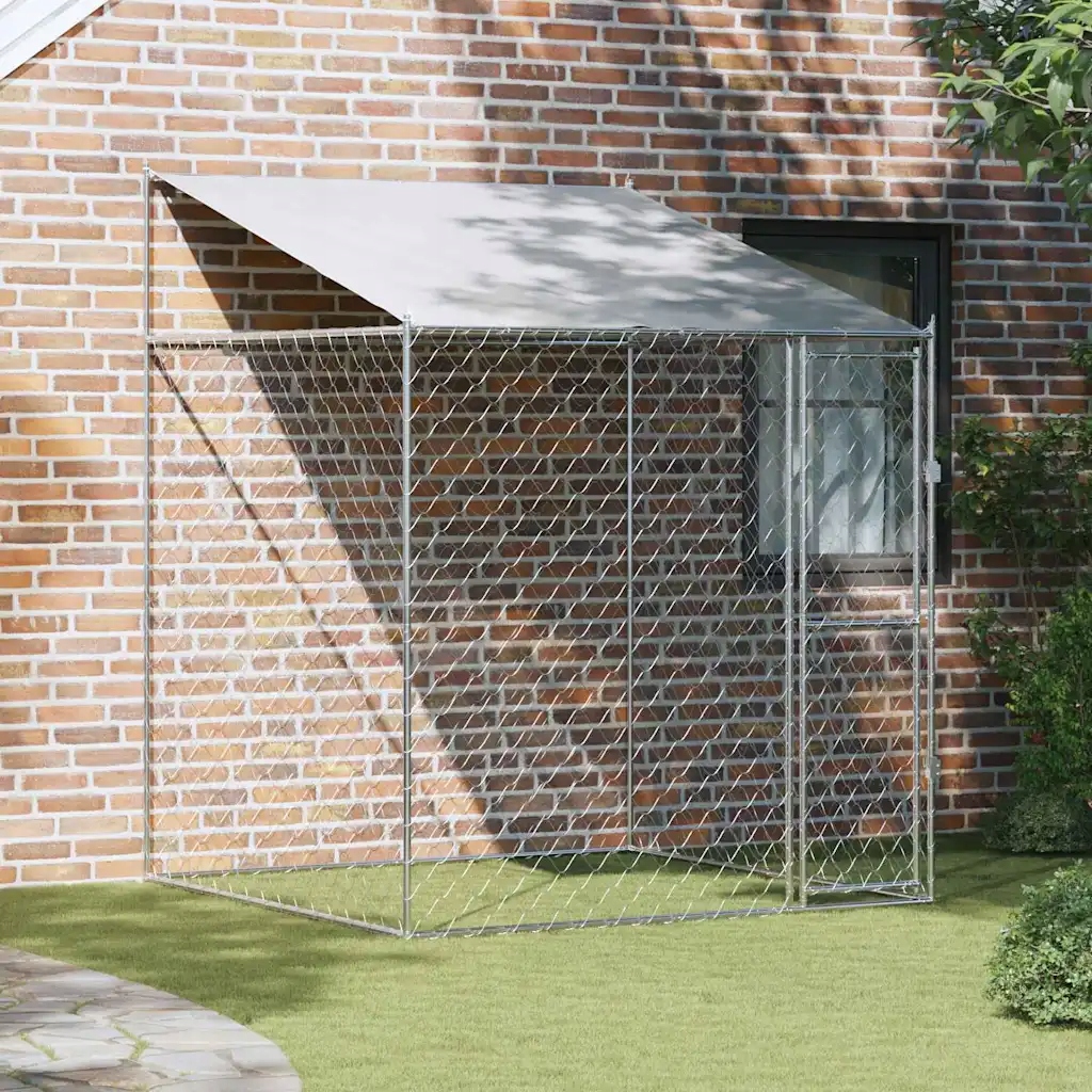 vidaXL Psí klec s střechou Stříbrná 200 x 200 x 258 cm Ocel a Pe