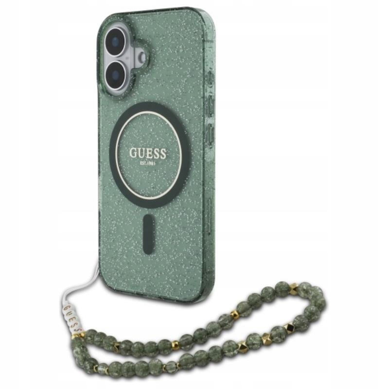 Guess IML Glitter With Pearl Strap MagSafe – Pouzdro pro iPhone 16 Plus (zelené)