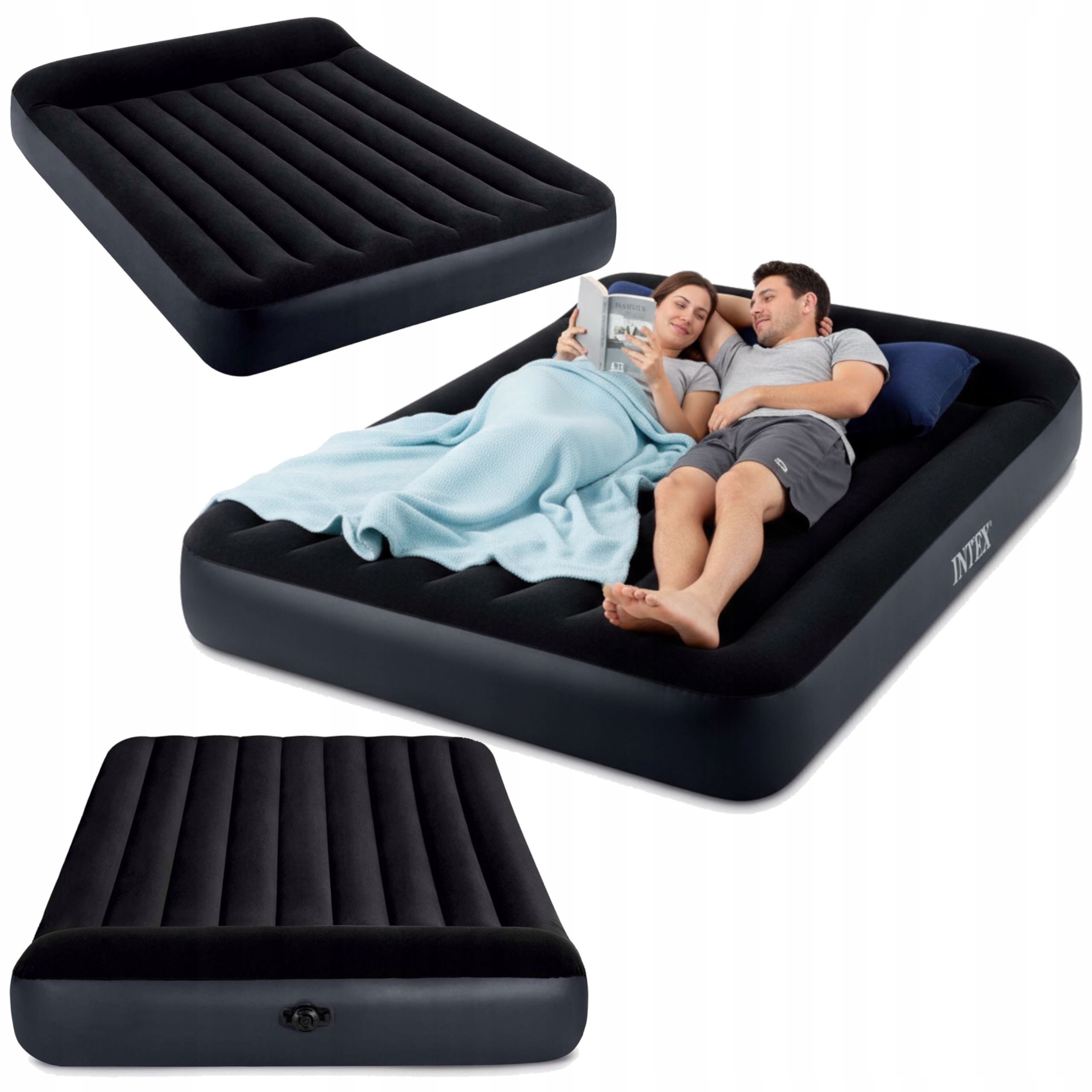 Materac Dmuchany Łóżko Do Spania Dwuosobowe Welurowe 203x152 cm Czarny