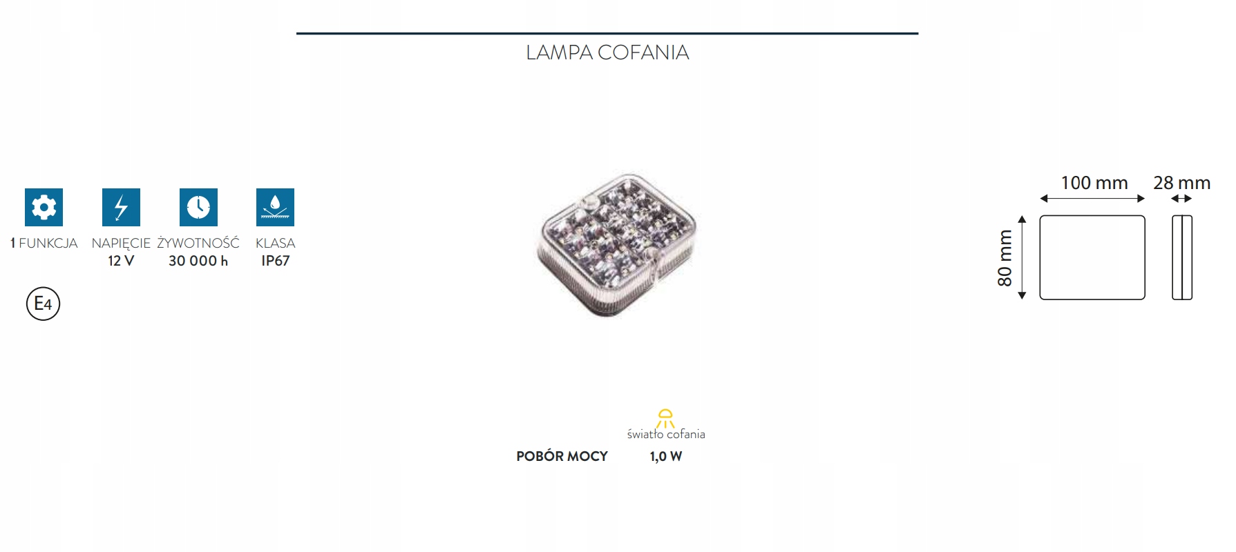 LAMPA TYLNA COFANIA LED PROSTOKĄT 12V CE LEDOWA Waga produktu z opakowaniem jednostkowym 0.5 kg