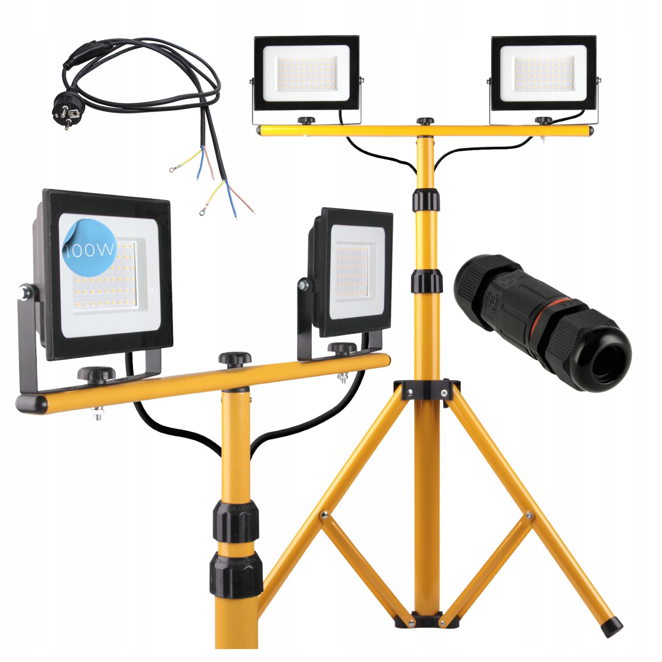 Stavební sada 2x Halogen Led zářič 100W Studený stativ Spojka Kabel