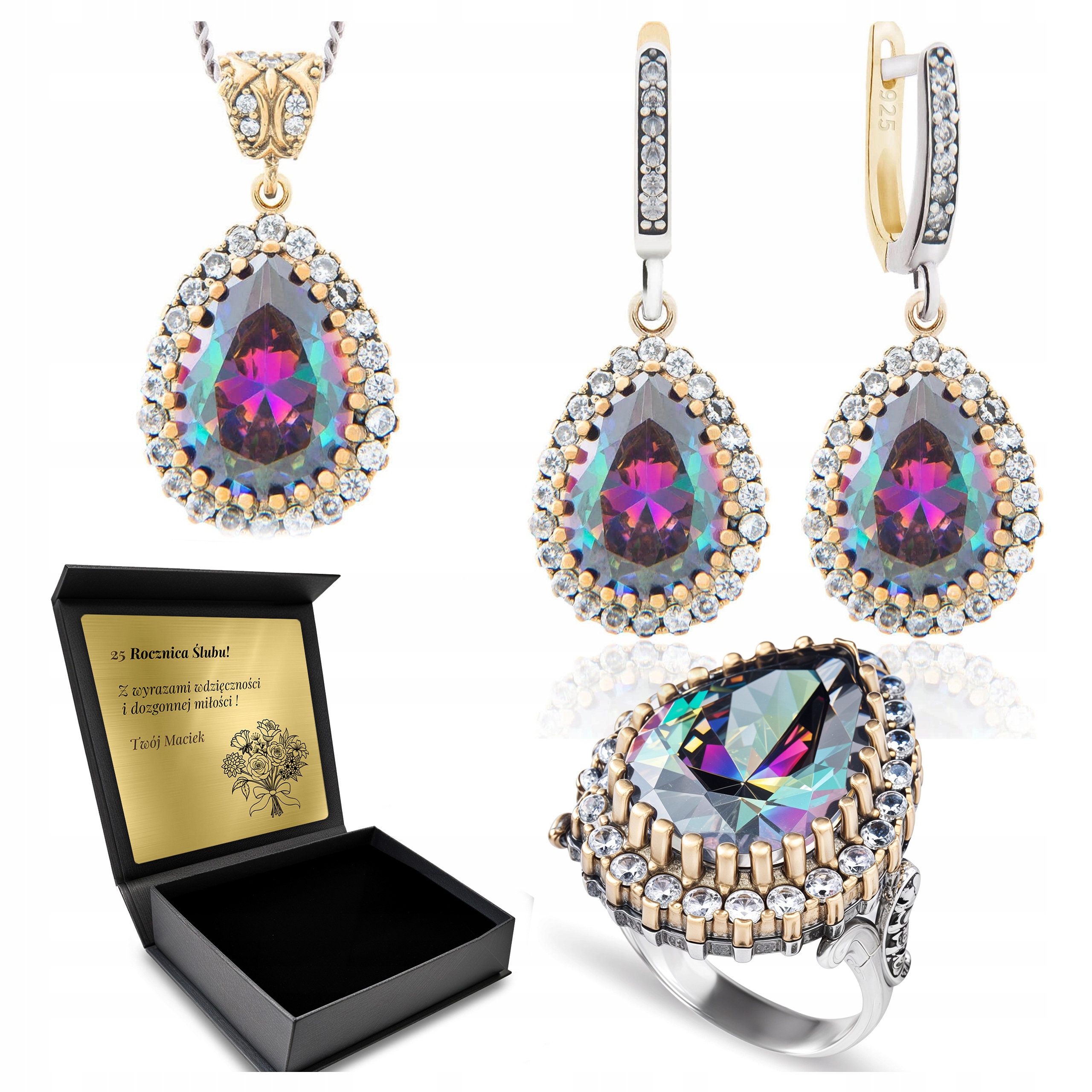 Sada Stříbrných Šperků 925 S Zirkony A Mystickým Topazem Gravírování