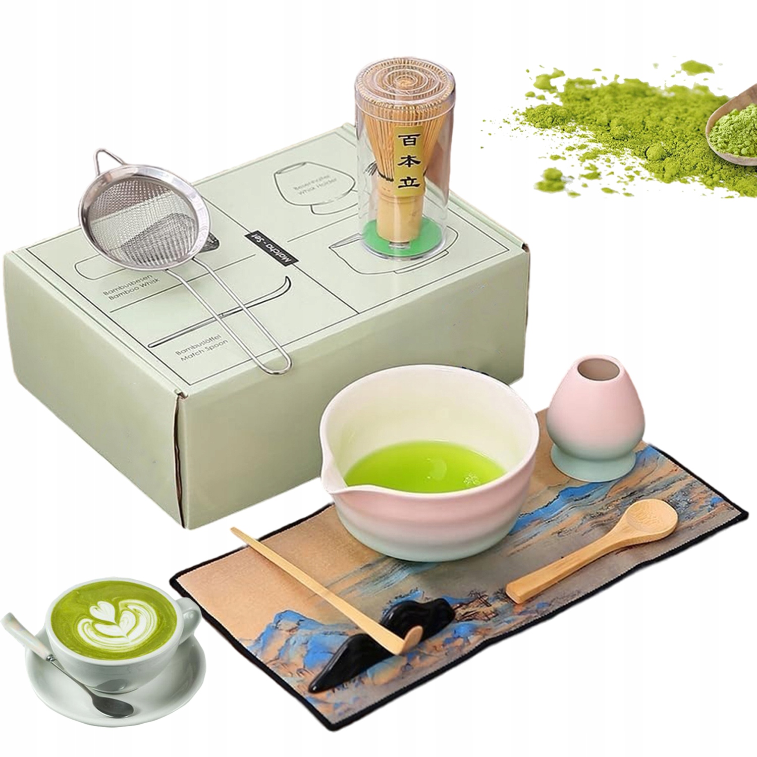 zestaw narzędzi do przygotowywania matchy z miską trzepaczką sitkiem łyżką