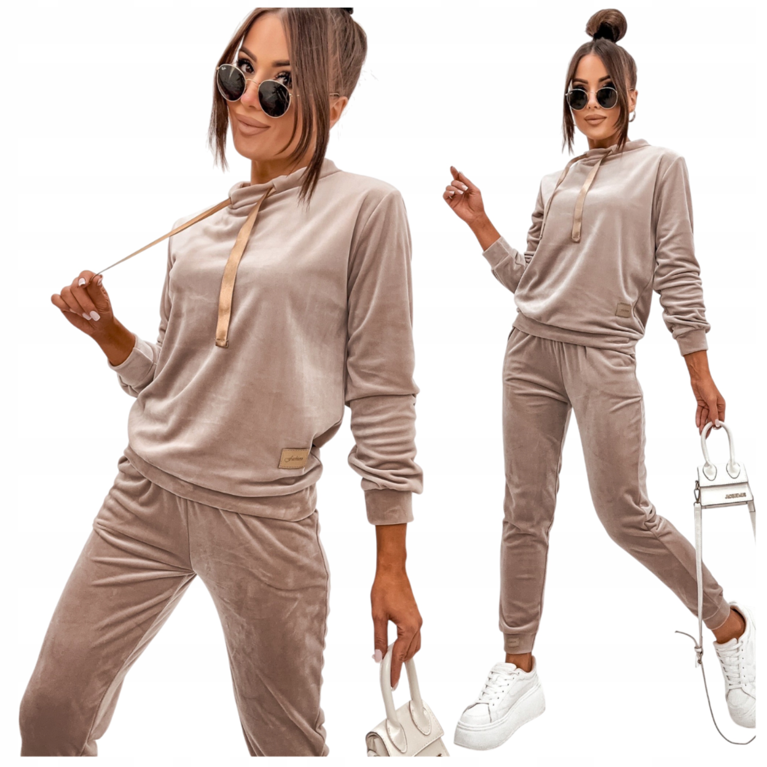 Dres Welurowy Damski Komplet Premium Bluza Spodnie Wysoki Stan Beżowy S