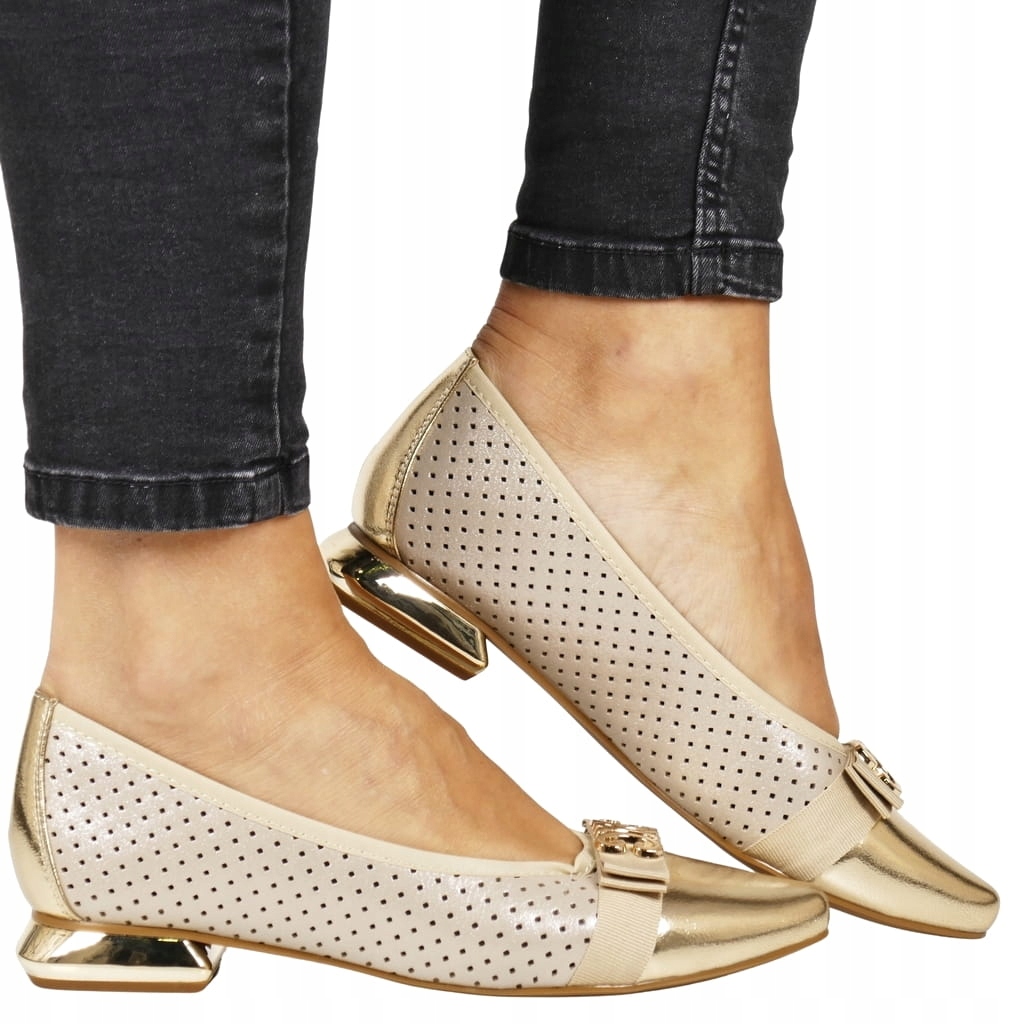 Baleríny Elegantní ažurové polobotky Nosek ve špici Béžovo-zlaté Dámské boty
