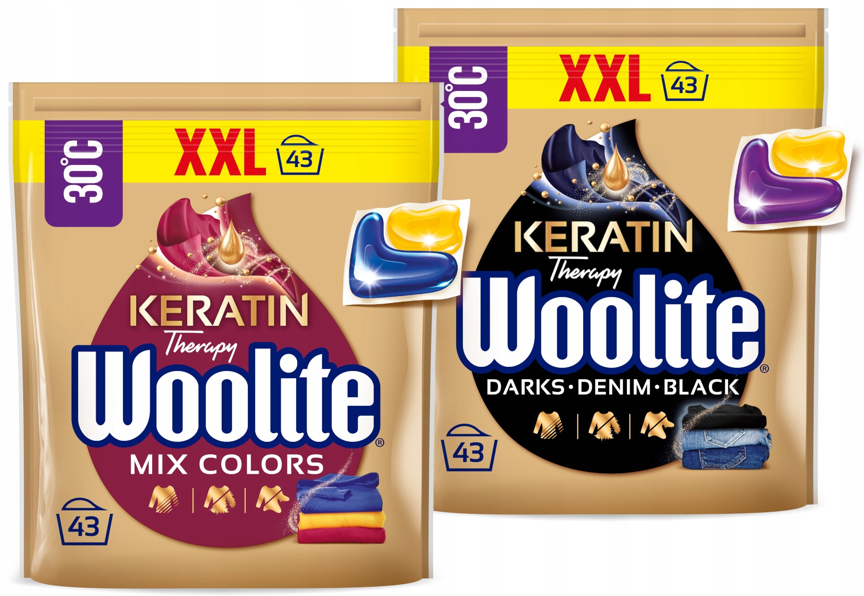 Sada Woolite Kapsle na praní barev a černé barvy, 2 x 43 kusů