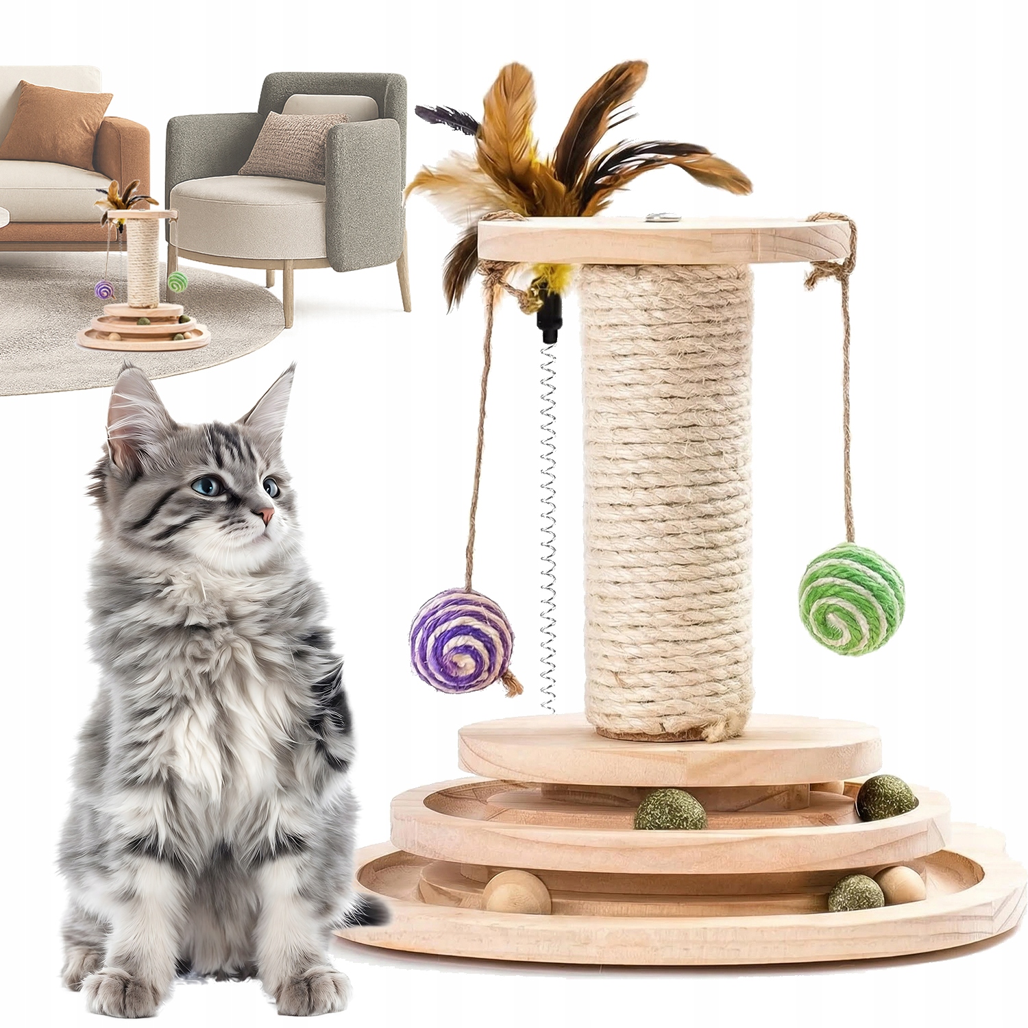 Levně Drapak Dřevěná Hračka Sloupek Škrabadlem A Pírkem Interaktivní Pro Kočky