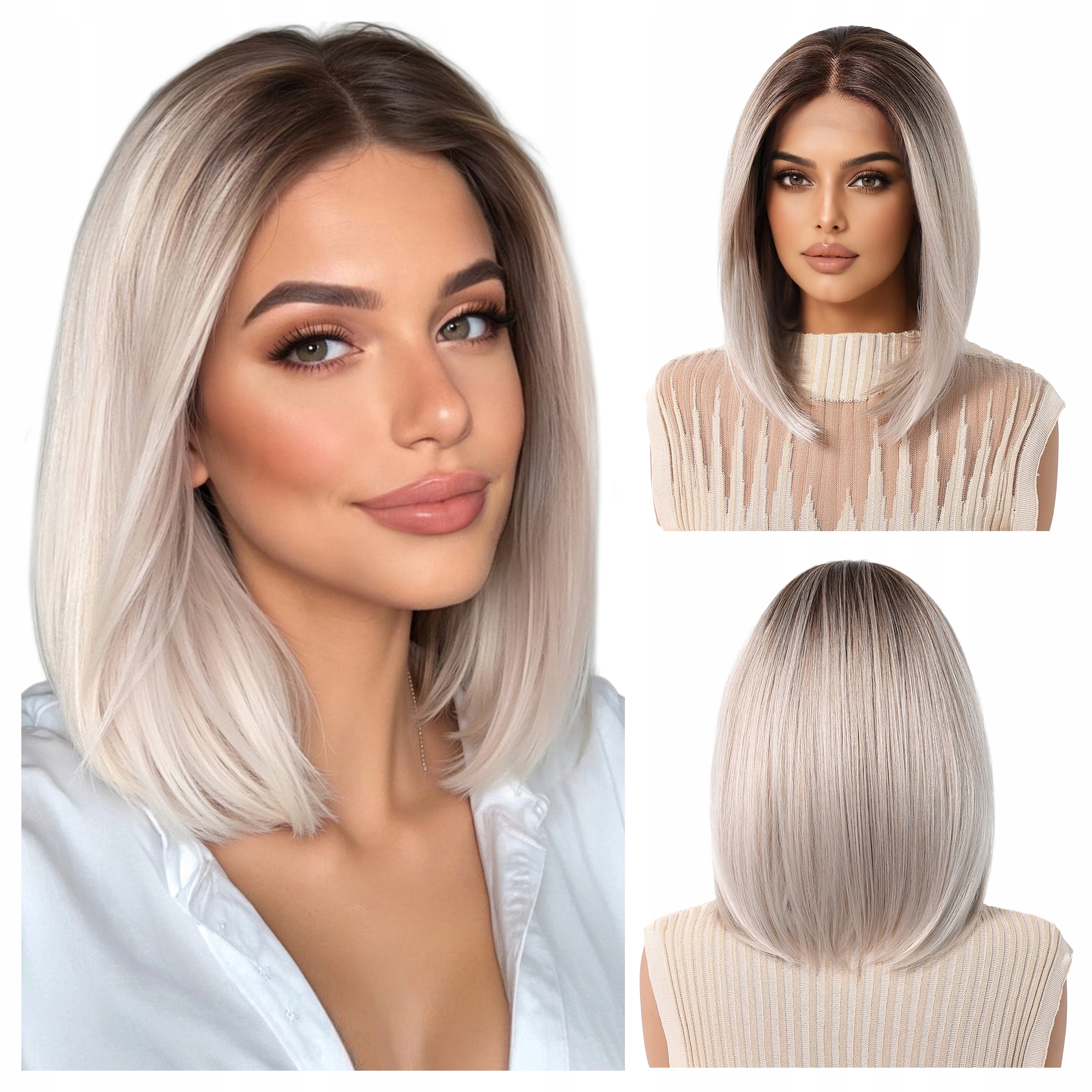 Peruka damska proste włosy chłodny Platynowy ombre Lace Front Jak Naturalna