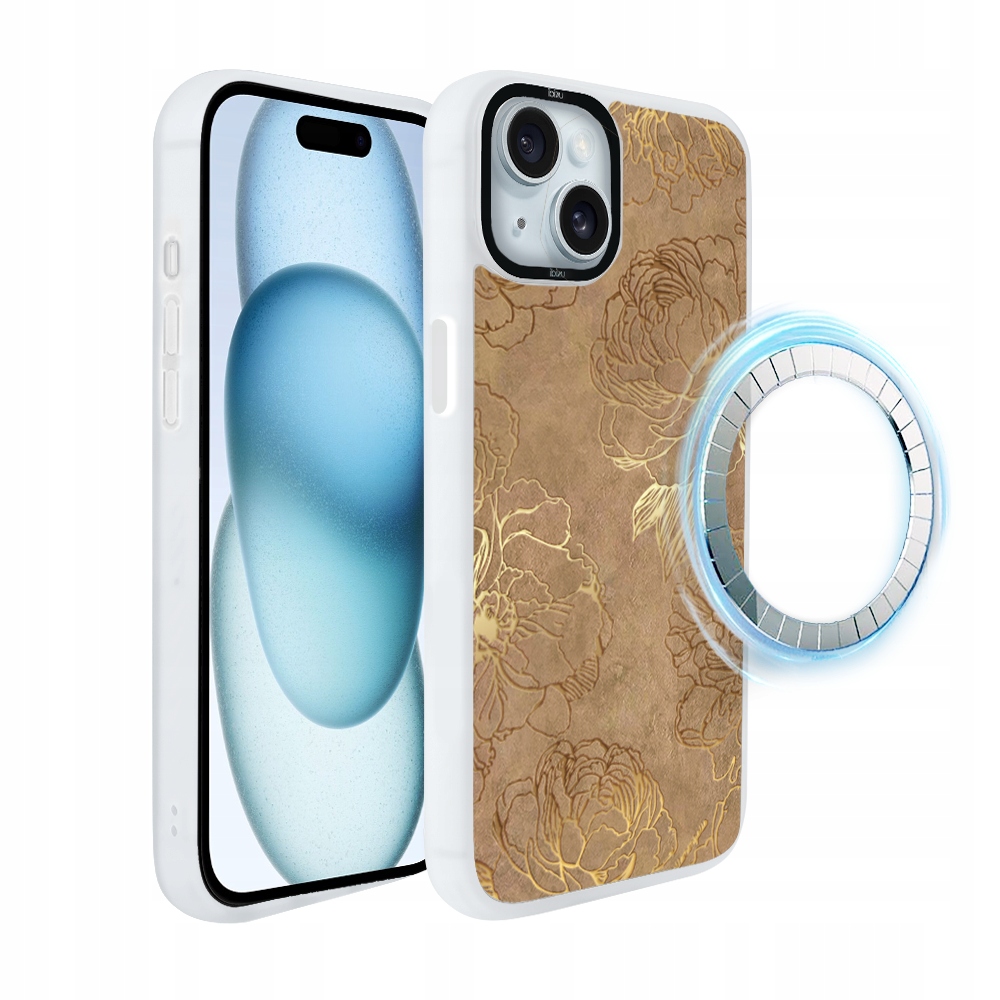 Pouzdro pro iPhone 15 Ibizu DropGuard Matt s MagSafe, zlaté pivoňky, bílé