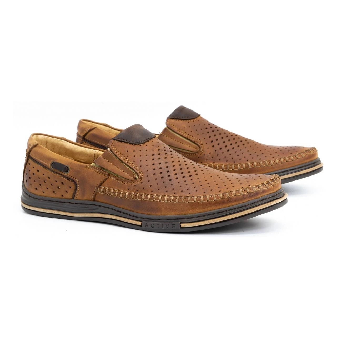 

Buty męskie skórzane ażurowe 09 na lato camel 48