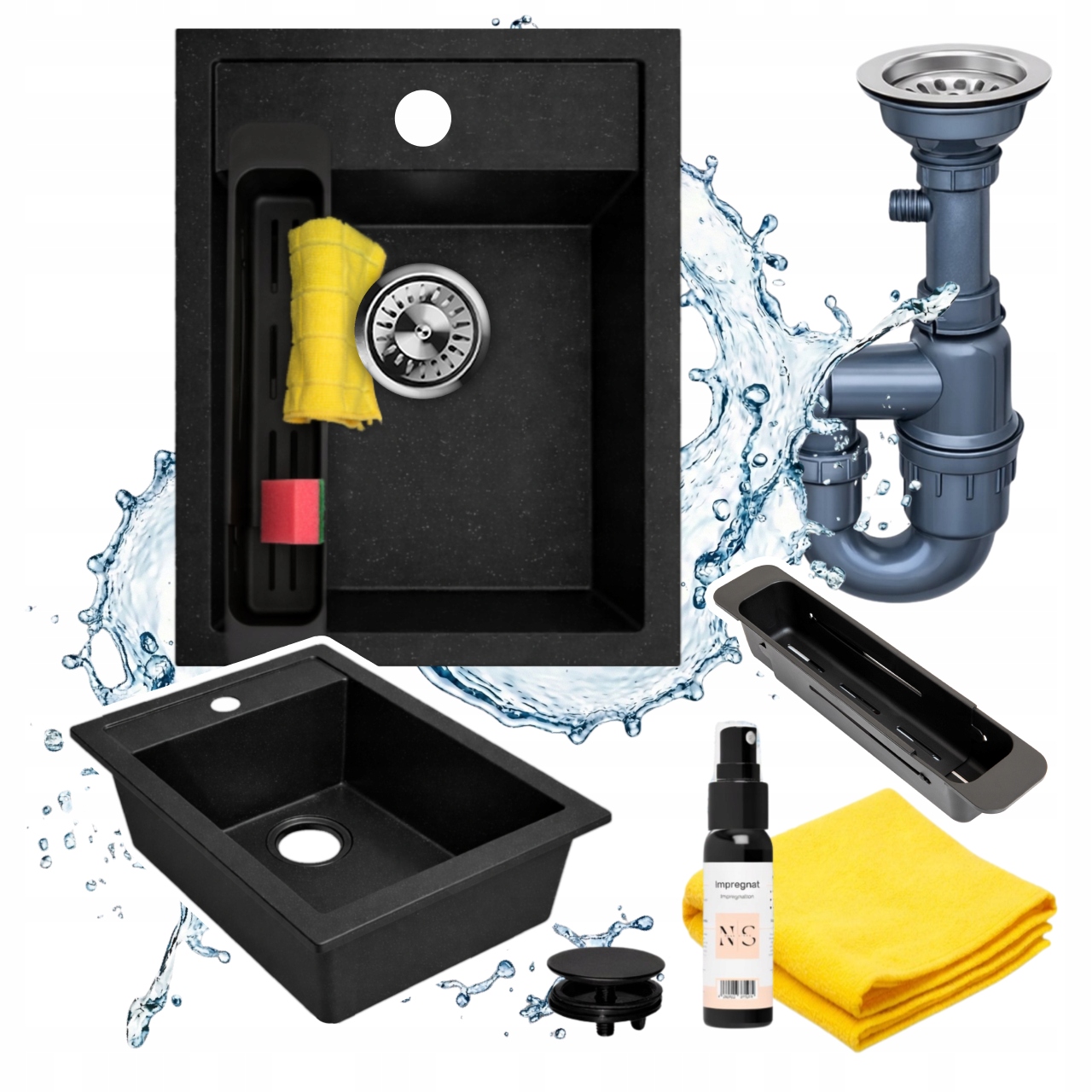 Jednokomorový granitový dřez 40x50 černý, skvrnitý sifon s košíkem