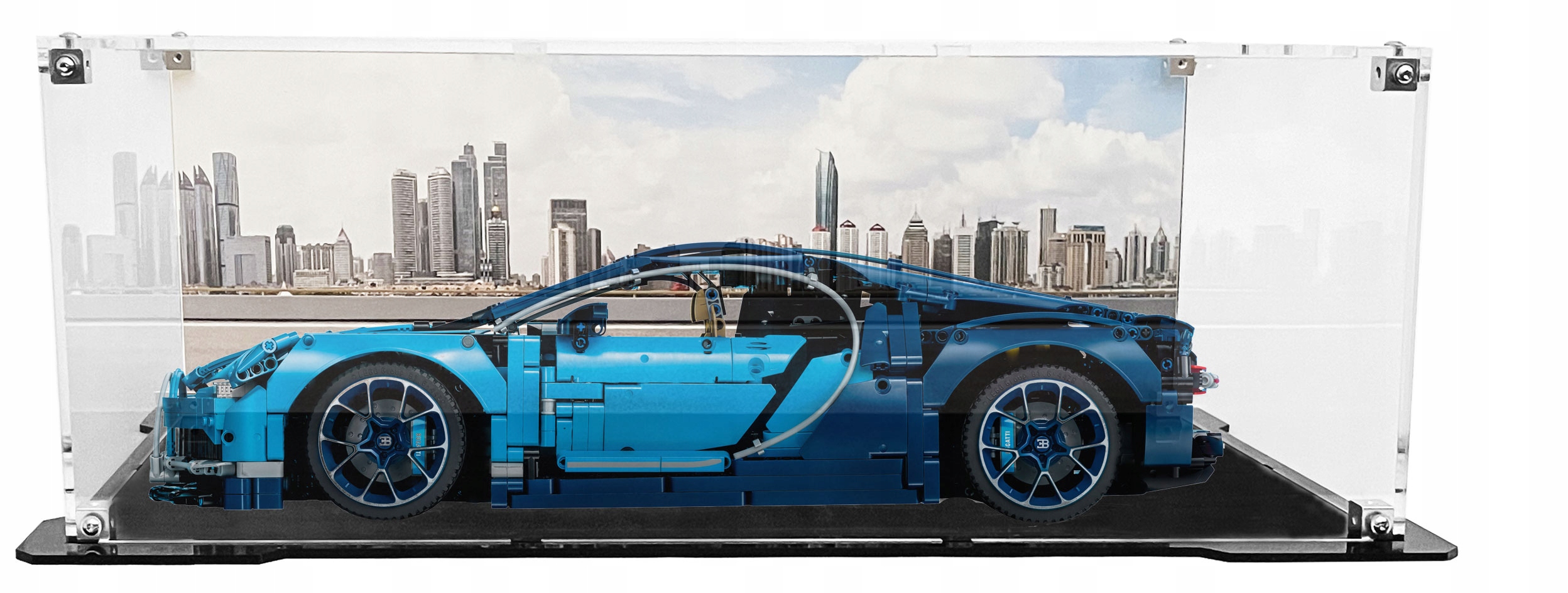 Vitrína s černým podstavcem a pozadím pro sadu Lego 42083 Bugatti Chiron