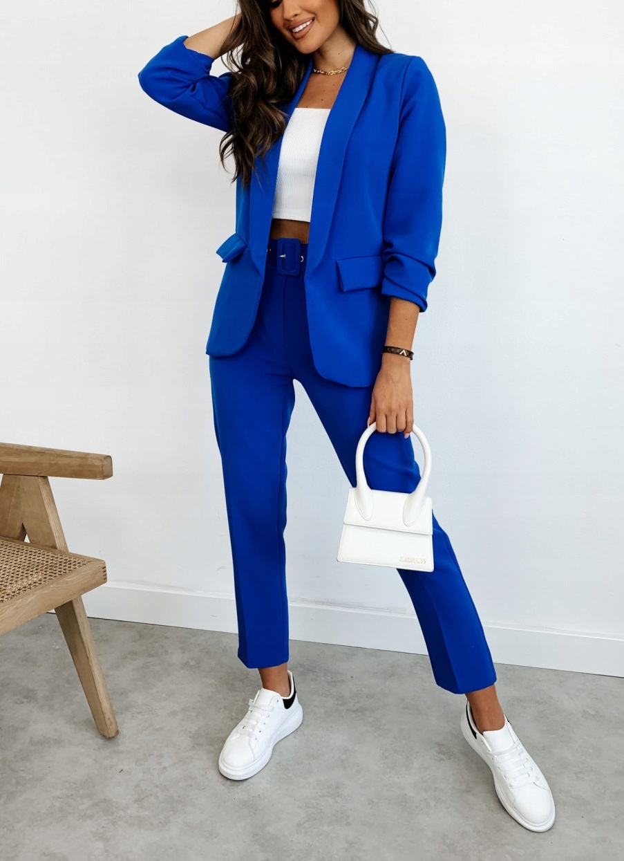 GARNITUR DAMSKI KOMPLET MARYNARKA SPODNIE Z PASKIEM PUDROWY CHABROWY 44 XXL Marka inna