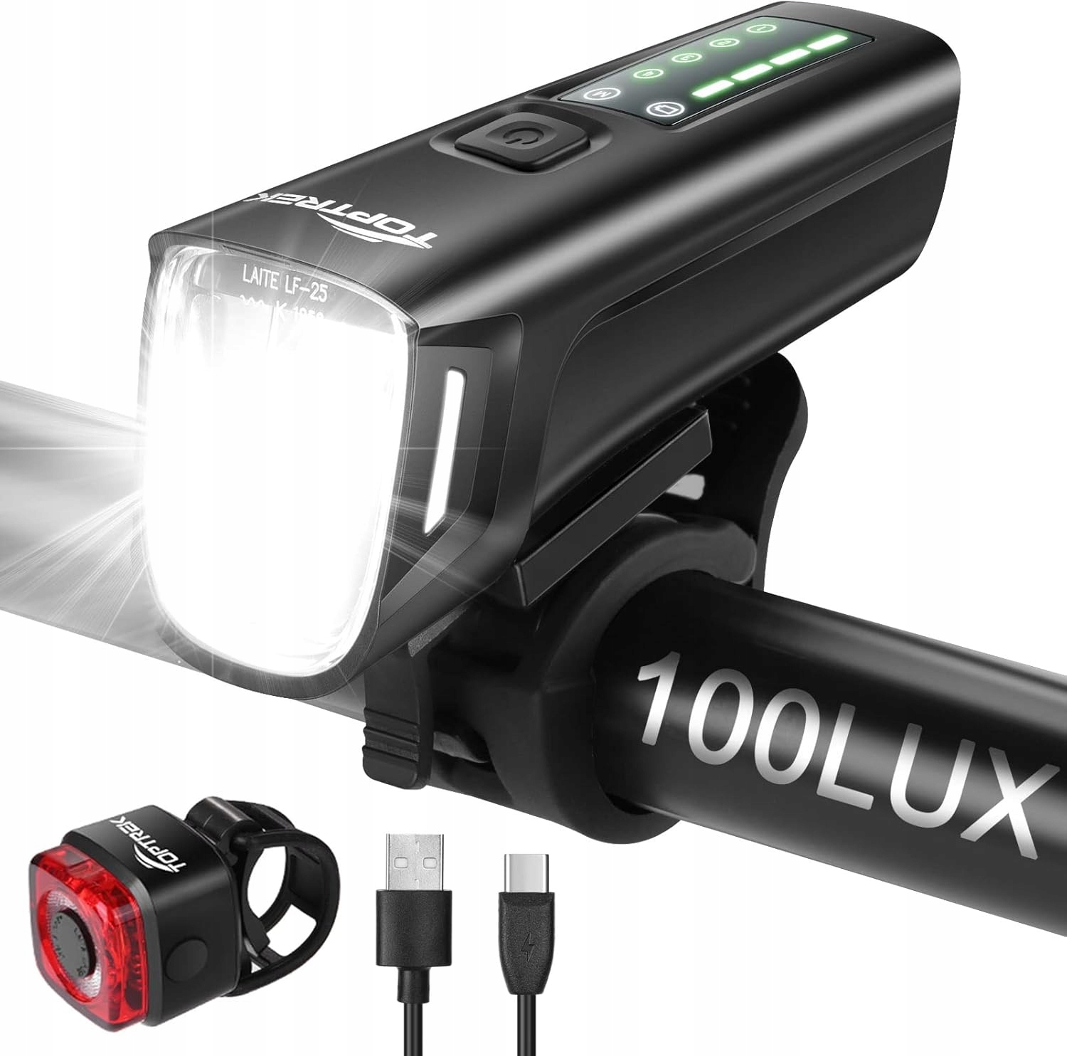 Zestaw Oświetlenia Rowerowego Toptrek Usb 1300 mAh led 4 Tryby