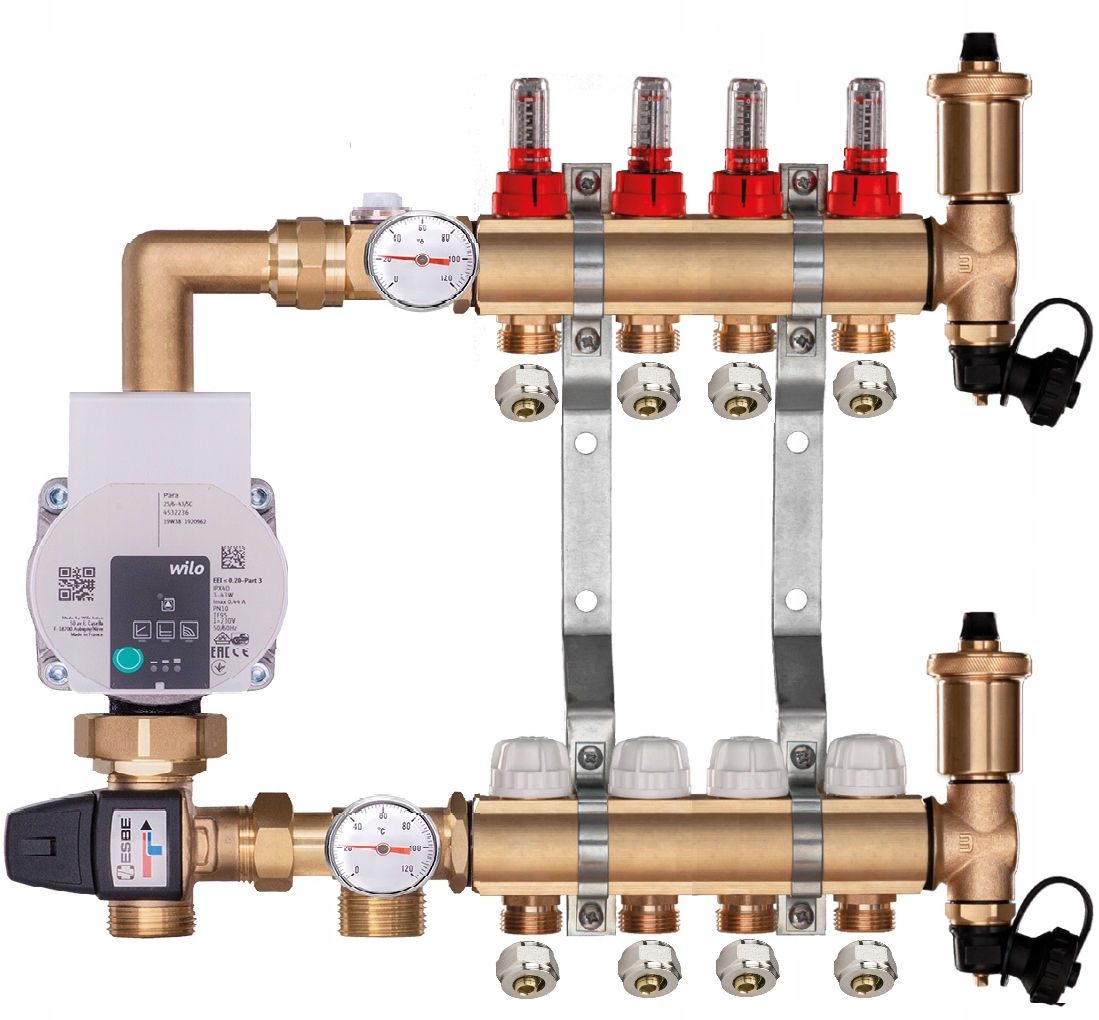Mosazný rozdělovač pro podlahovku 4 s Čerpací Skupinou Wilo Pex Spojky