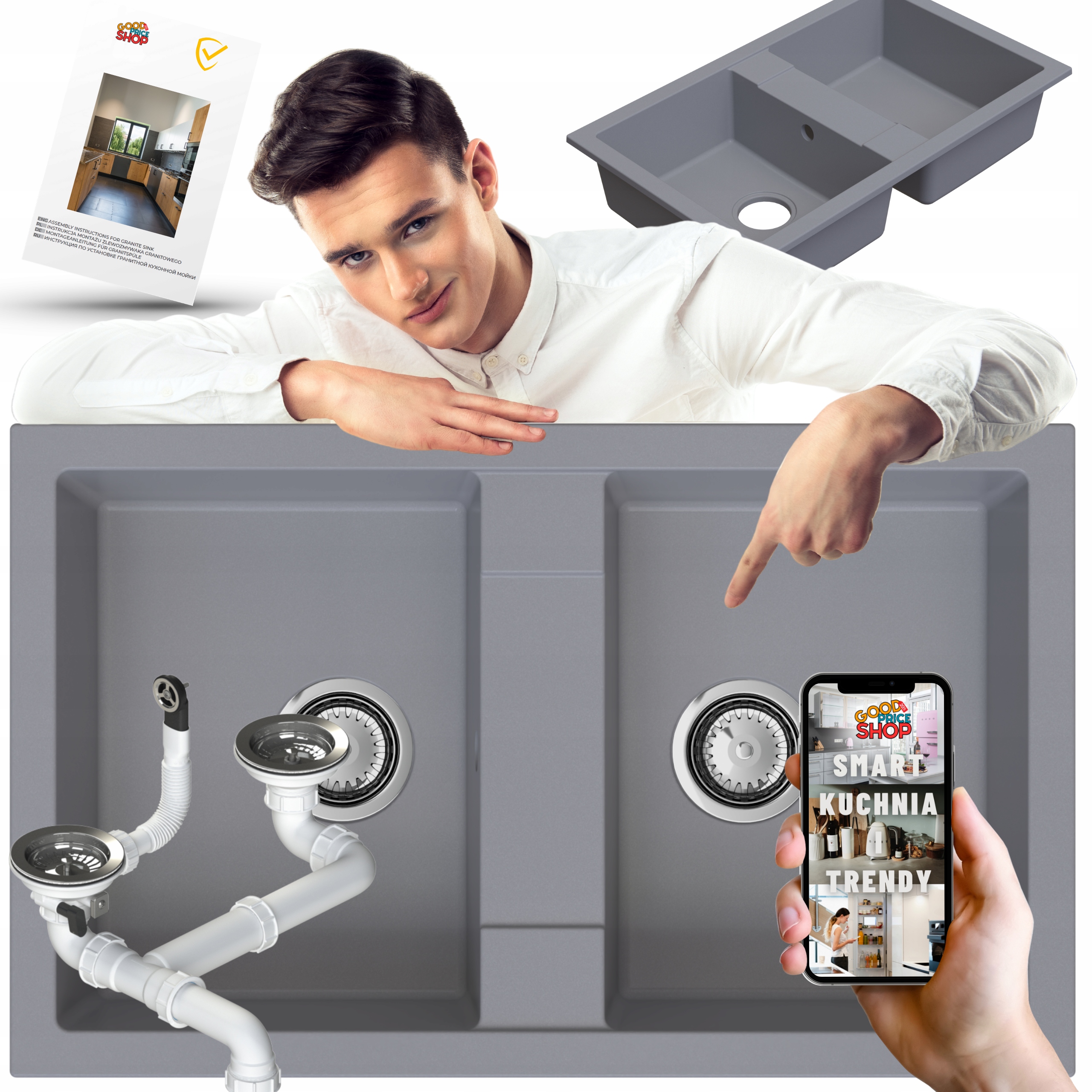 Granitový Dvoukomorový Dřez 2-kom. Šedý Kuchyňský sifon manuální Bonus
