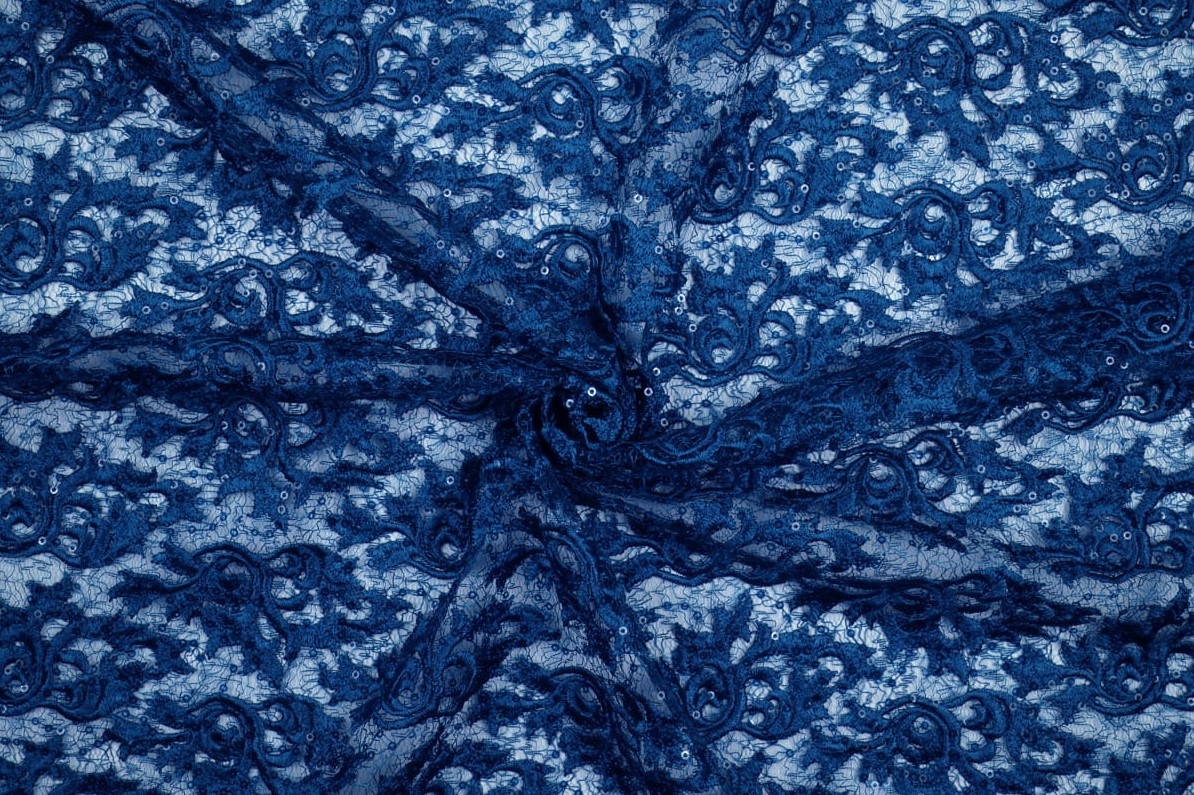 Látka Krajka Gipiura S Flitry Modrá Na Šaty Aplikace