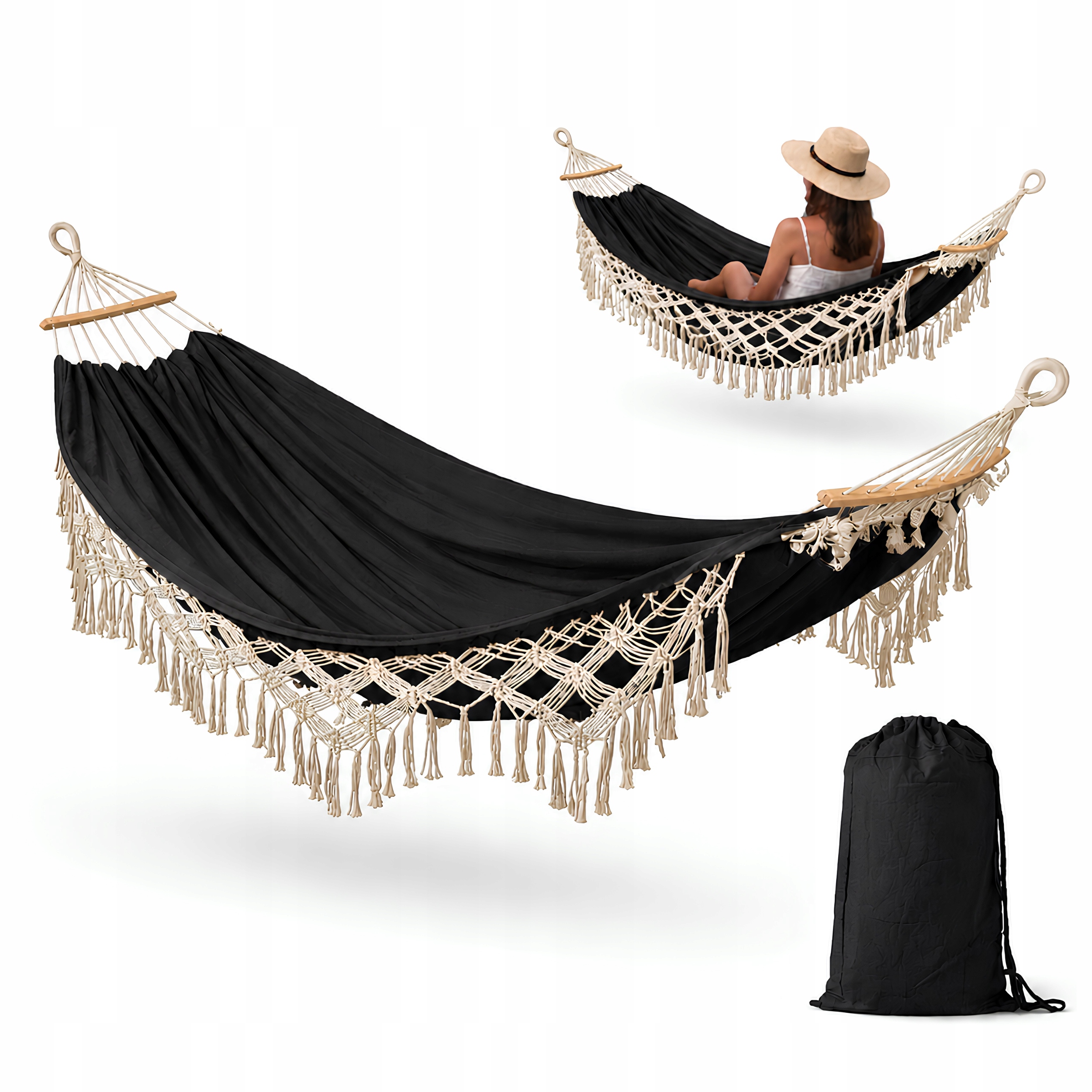 Hamak Boho Ogrodowy Czarny z Frędzlami Dekoracyjny 200x150 Duży Mocny DH02