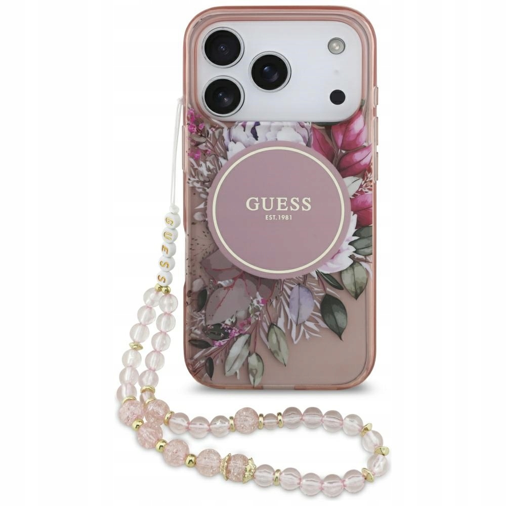 Etui Guess IML Flowers Pearl Strap MagSafe do iPhone 17 Pro różowy