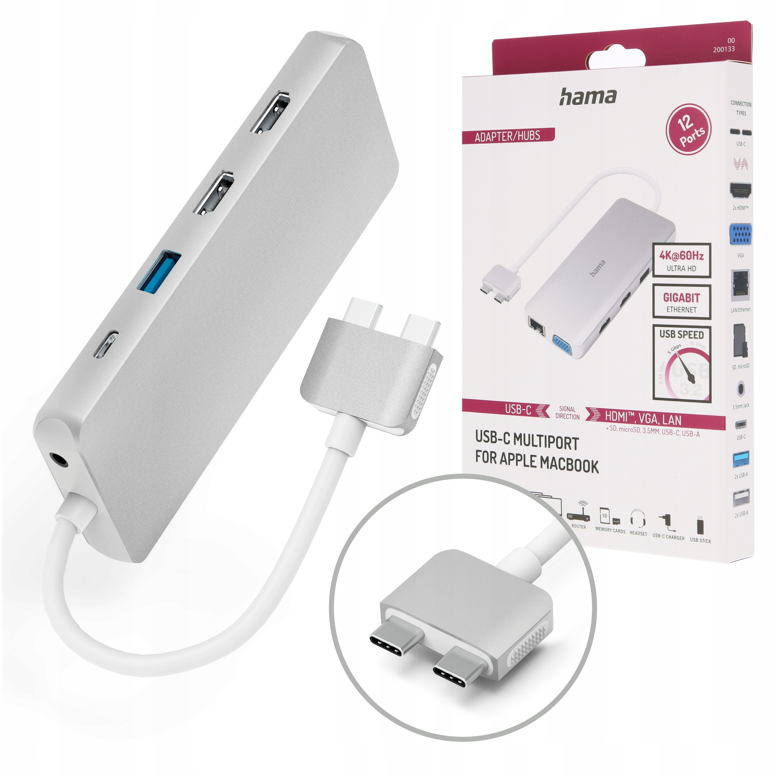 Multiport Hub Usb-c Hama Apple MacBook Air & Pro 12 portów czytnik kart Sd