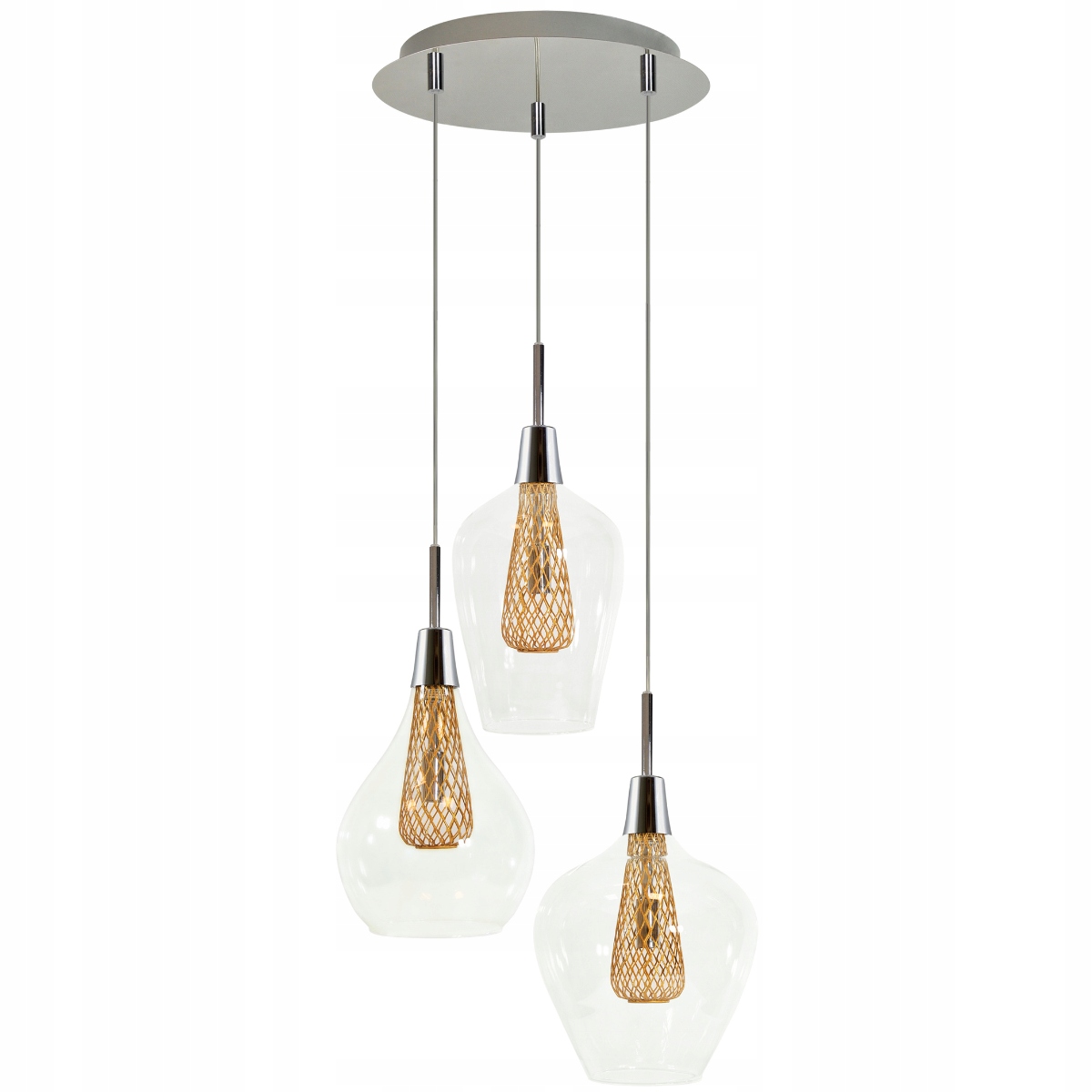 Závěsná lampa trojitá kulatá chrom zlatá drátěná skleněná stínidla Polux
