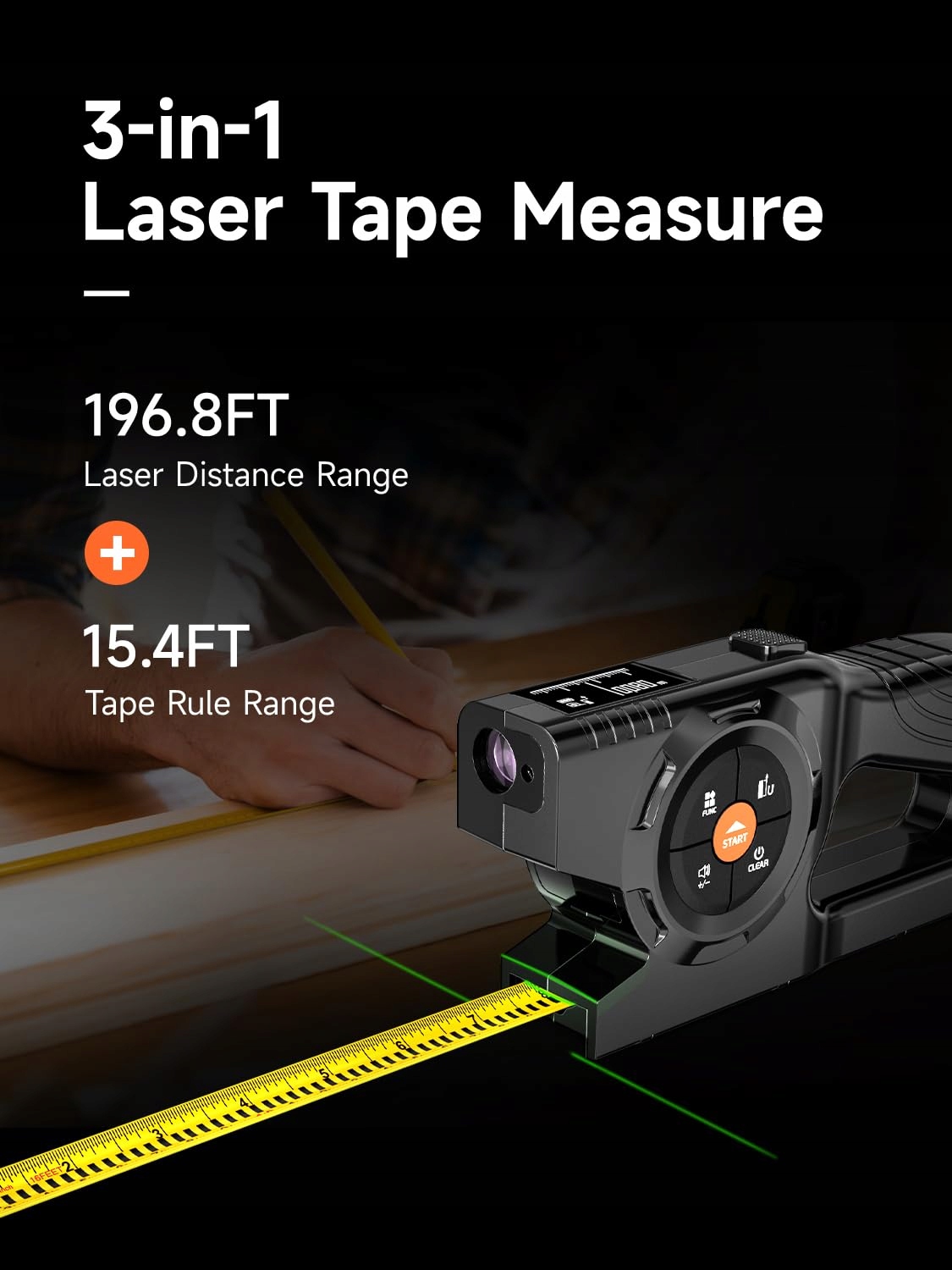AICEVOOS Cyfrowa Miarka 3w1 60m Laserowy Dalmierz z Auto Zamknięciem — miniatura 6