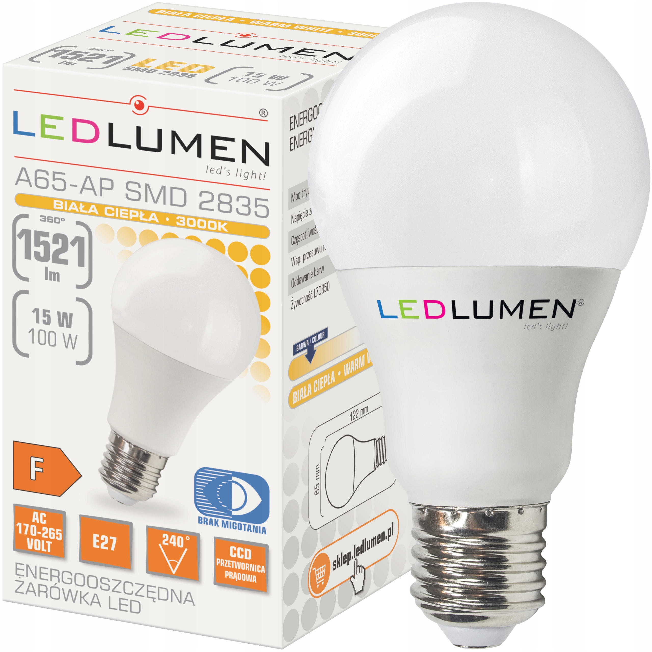 

Żarówka A65 E27 15W=100W Led 1521lm CCD Ledlumen
