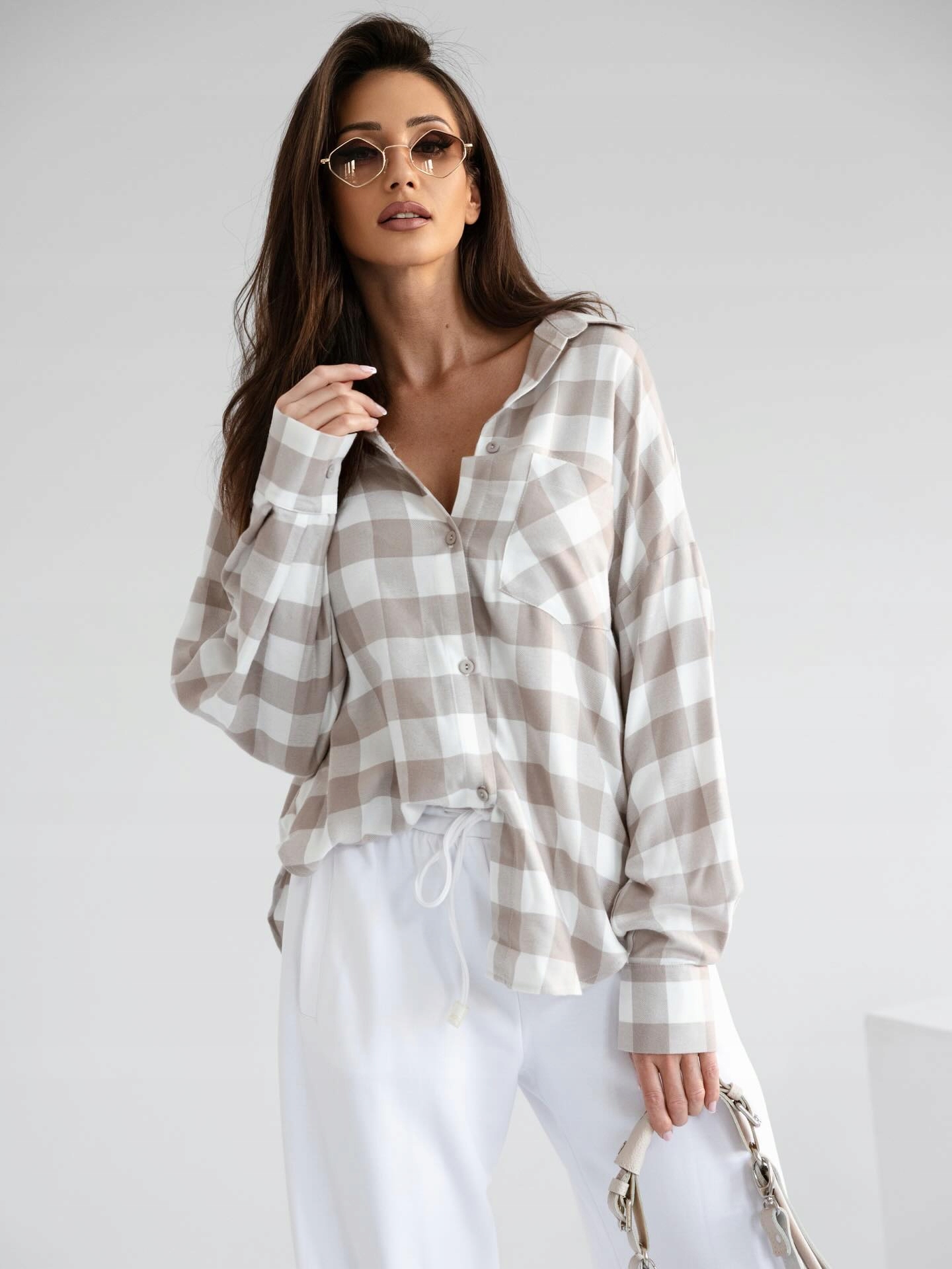 By O La La! Kostkovaná Košile S Kamínky Off White/béžová/kakao M
