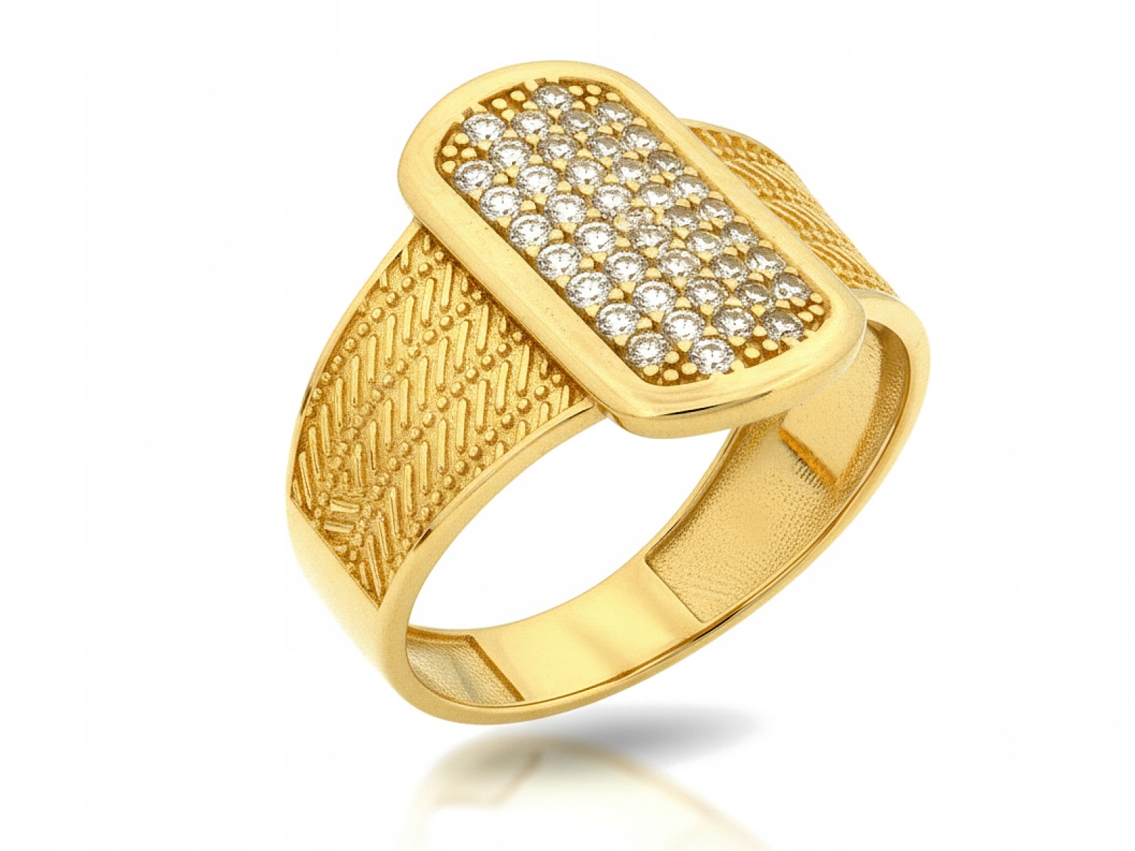 Moderní zlatý prstýnek 585 velký s bílými zirkony r18 oválný 2.98g