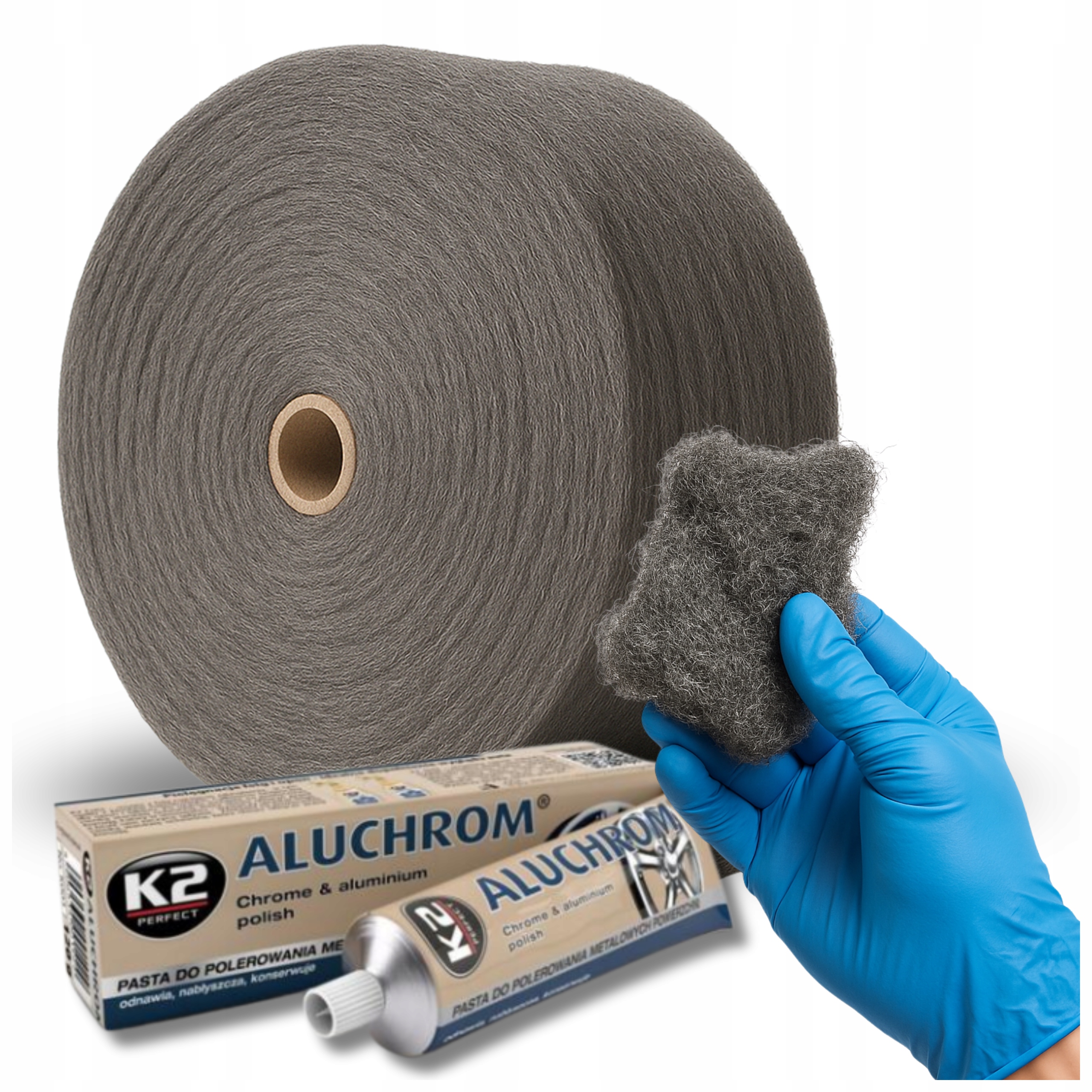 Wełna Stalowa 1 kg K2 Aluchrom Pasta Polerska Zestaw do Polerowania Felg