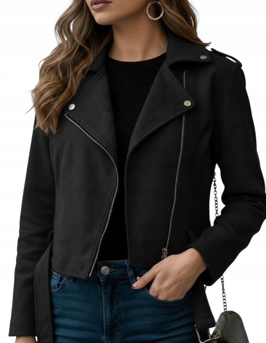 Czarna Stylowa Kurtka Zamszowa Na Zamek Z Wiązaniem Uniwersalna