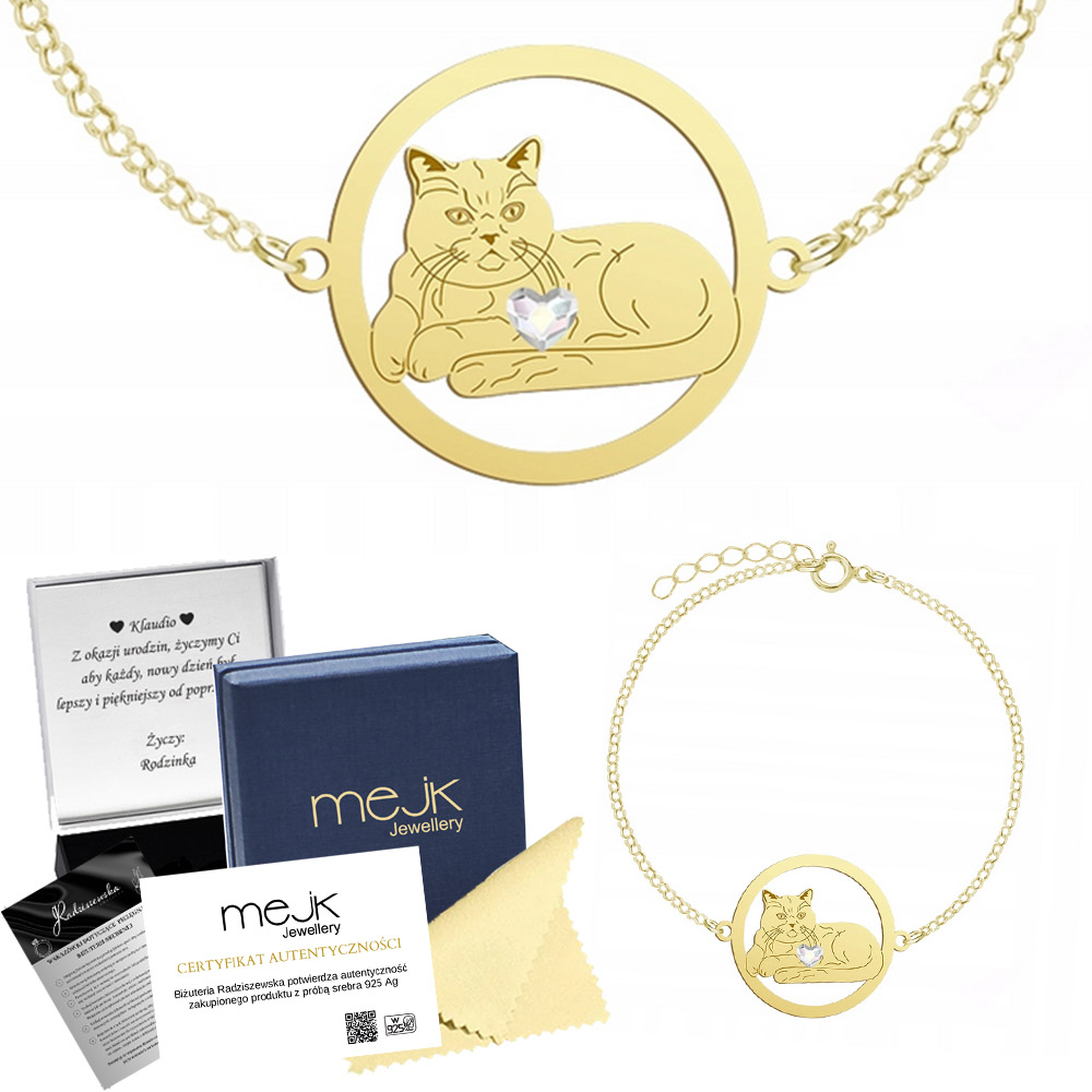 Zlatý náramek s Britskou krátkosrstou kočkou 925 Dárek Šperky Gravírování