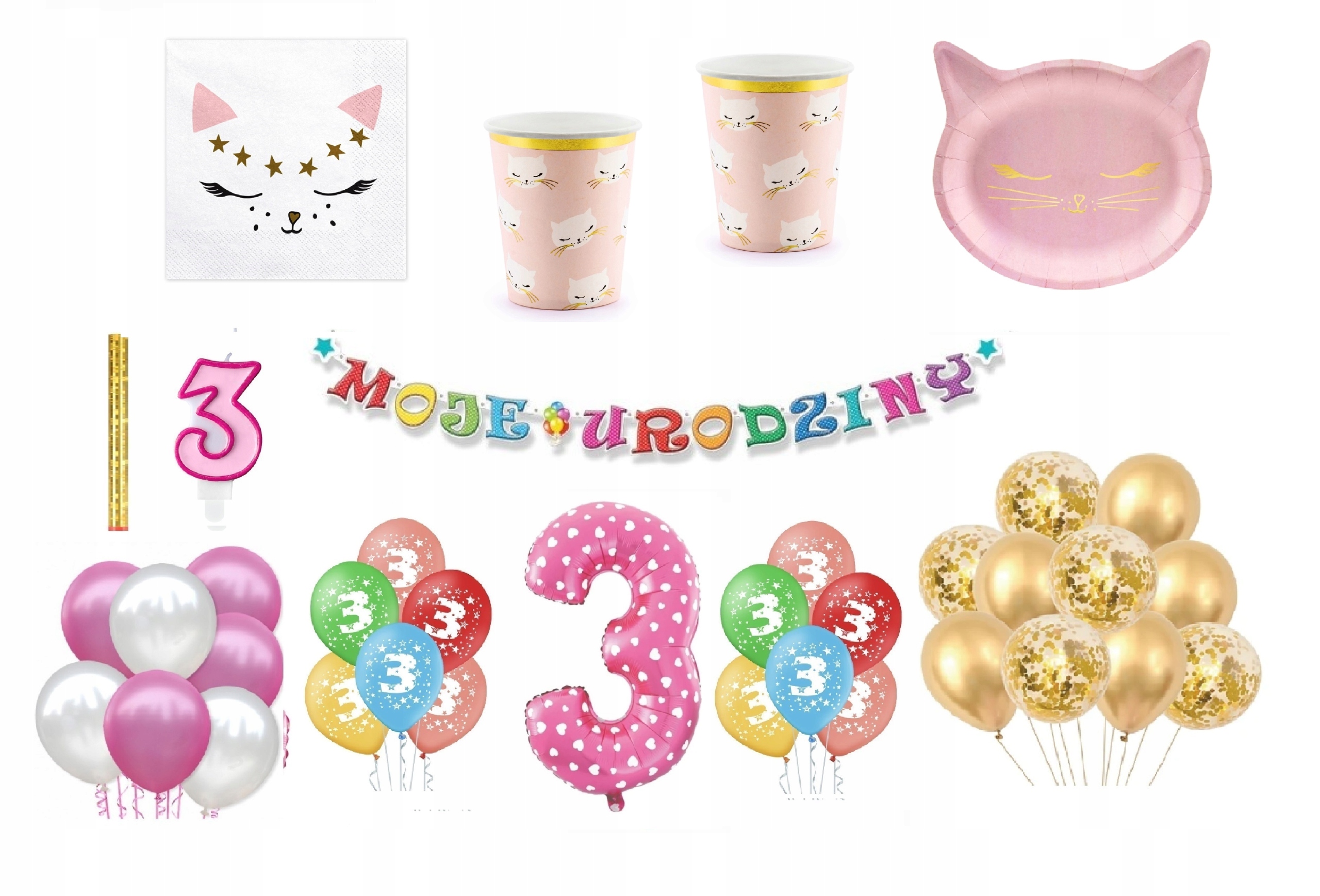 

Zestaw Kotek 3 Urodziny Balony