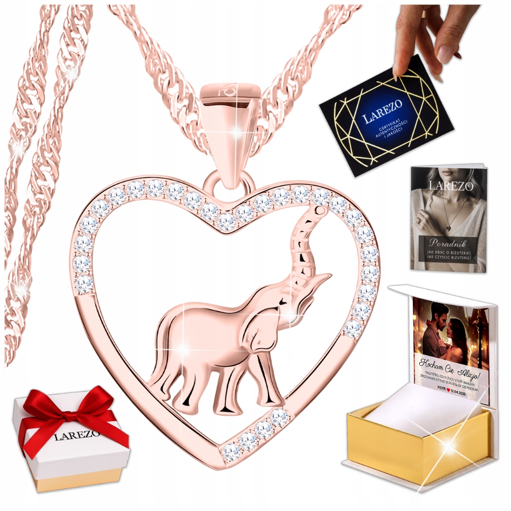 Pozlacený náhrdelník se slonem 925 Slon Srdce s zirkony Slon Potisk